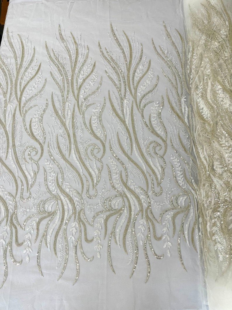 FEATHER BEADED LACE ON MESH FABRIC (By The Yard) - New Creations Fabric & Foam Inc