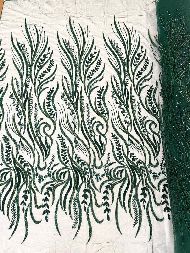 FEATHER BEADED LACE ON MESH FABRIC (By The Yard) - New Creations Fabric & Foam Inc