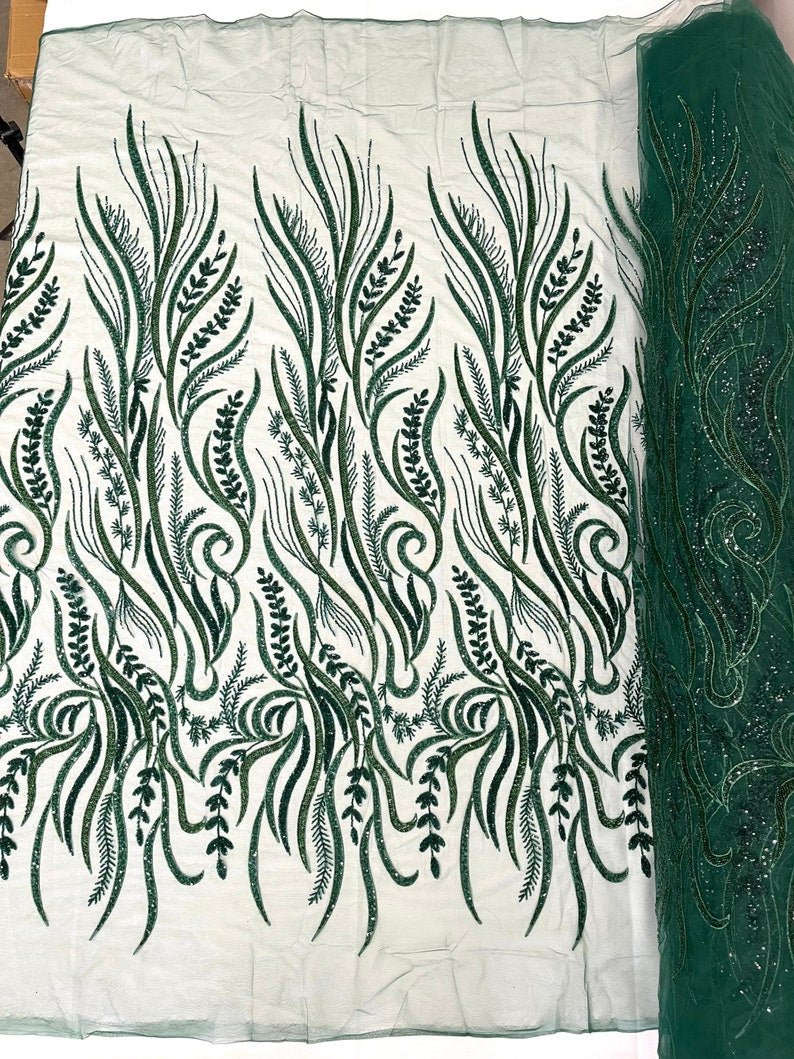 FEATHER BEADED LACE ON MESH FABRIC (By The Yard) - New Creations Fabric & Foam Inc