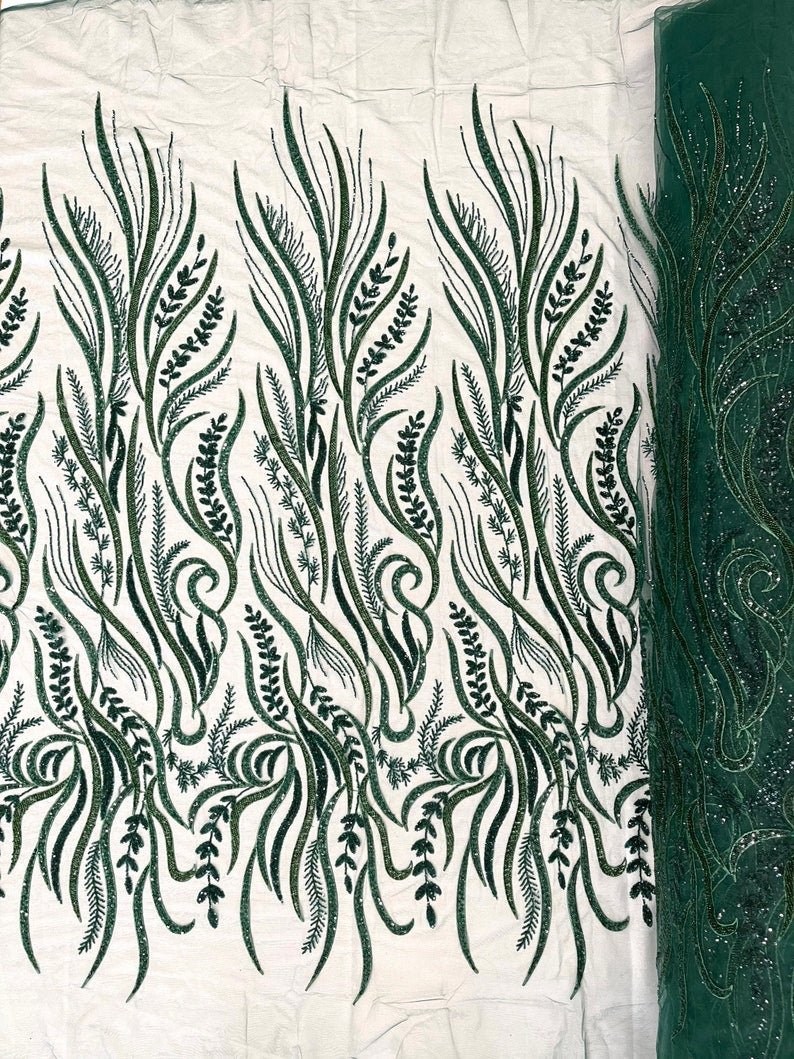 FEATHER BEADED LACE ON MESH FABRIC (By The Yard) - New Creations Fabric & Foam Inc