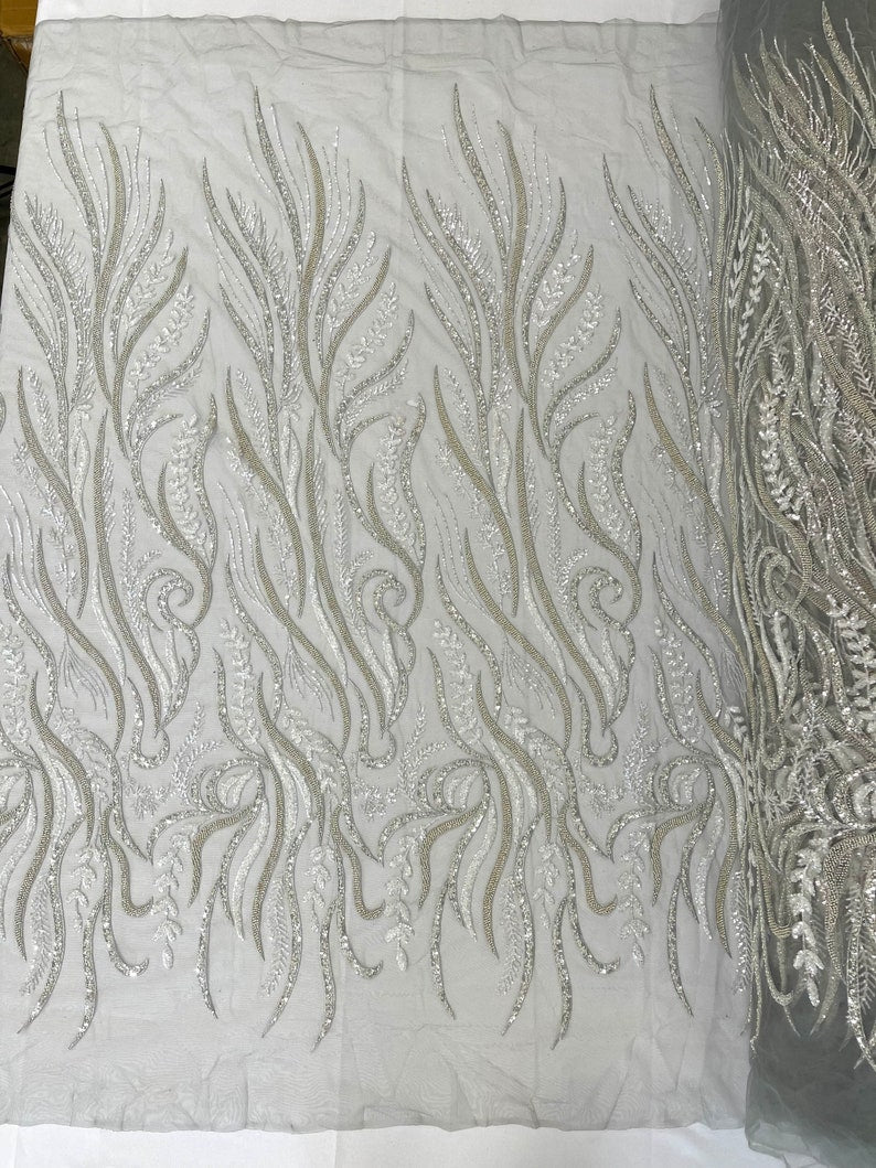 FEATHER BEADED LACE ON MESH FABRIC (By The Yard) - New Creations Fabric & Foam Inc