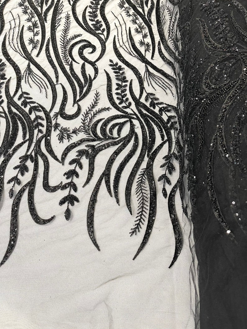 FEATHER BEADED LACE ON MESH FABRIC (By The Yard) - New Creations Fabric & Foam Inc