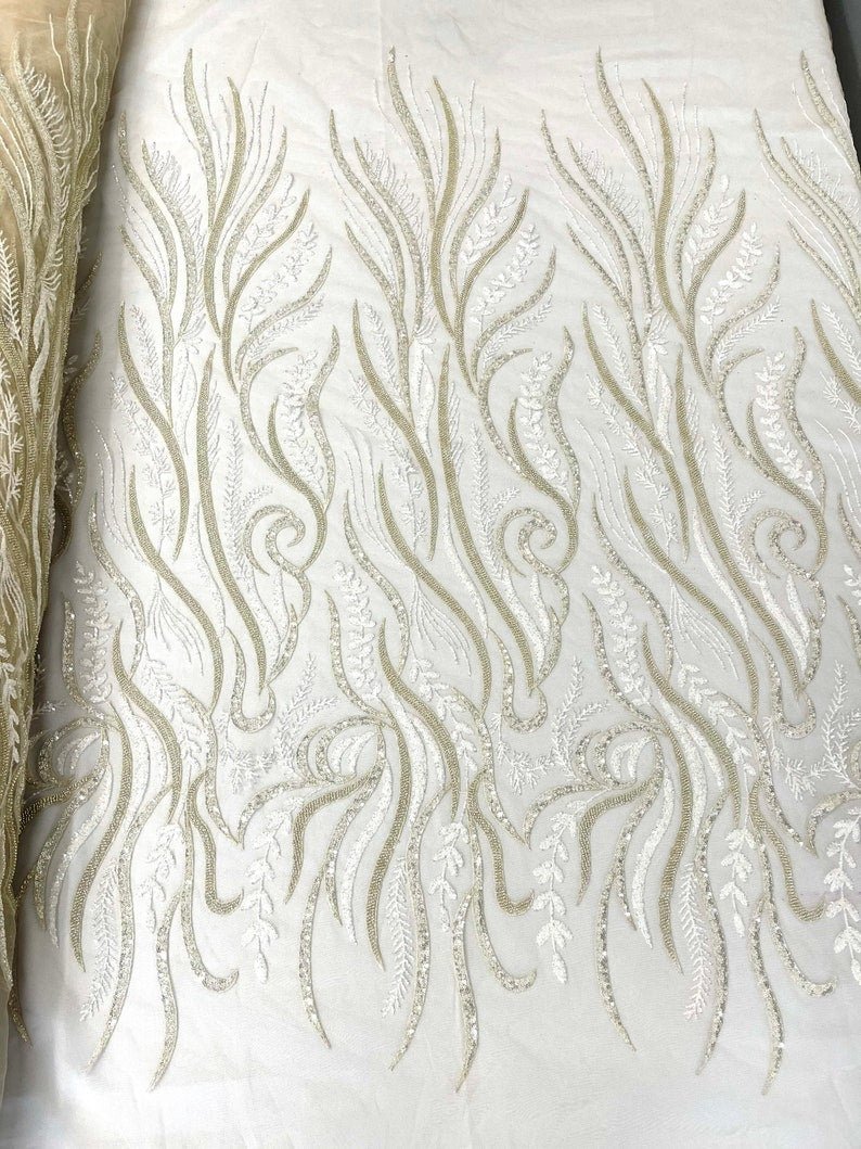 FEATHER BEADED LACE ON MESH FABRIC (By The Yard) - New Creations Fabric & Foam Inc