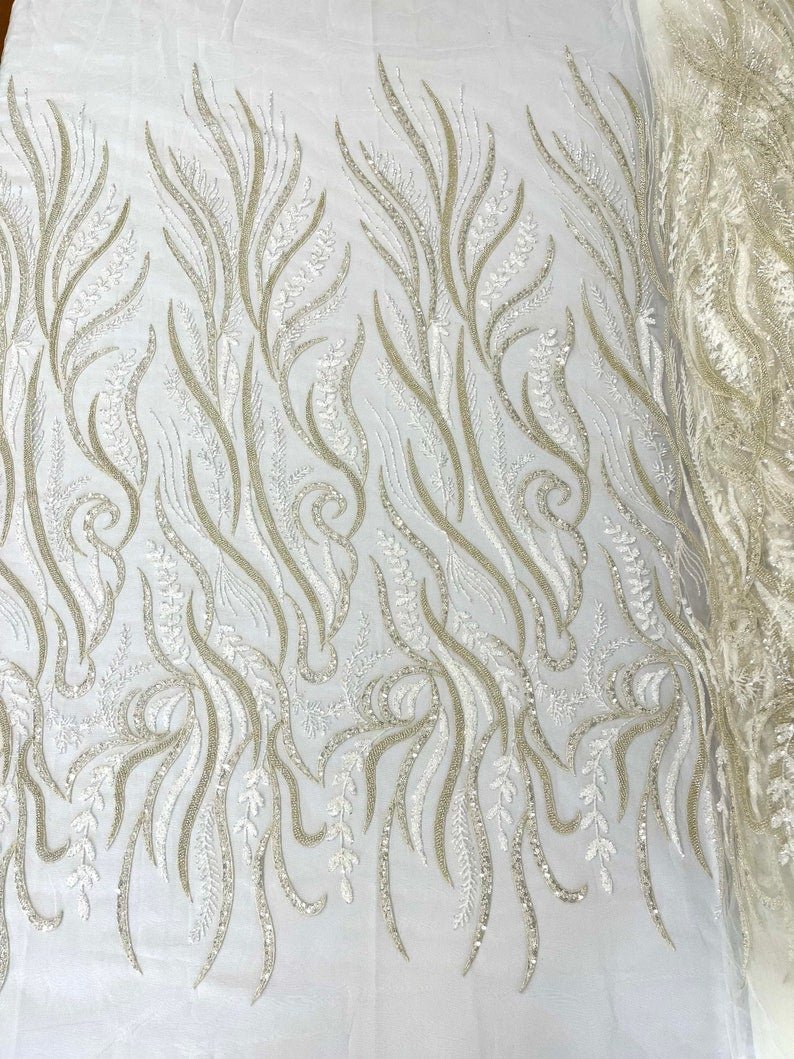 FEATHER BEADED LACE ON MESH FABRIC (By The Yard) - New Creations Fabric & Foam Inc