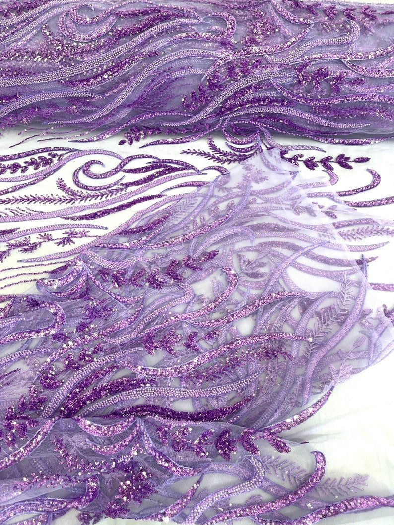 FEATHER BEADED LACE ON MESH FABRIC (By The Yard) - New Creations Fabric & Foam Inc