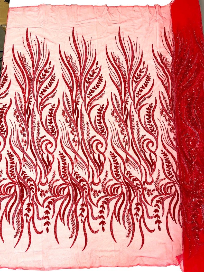 FEATHER BEADED LACE ON MESH FABRIC (By The Yard) - New Creations Fabric & Foam Inc