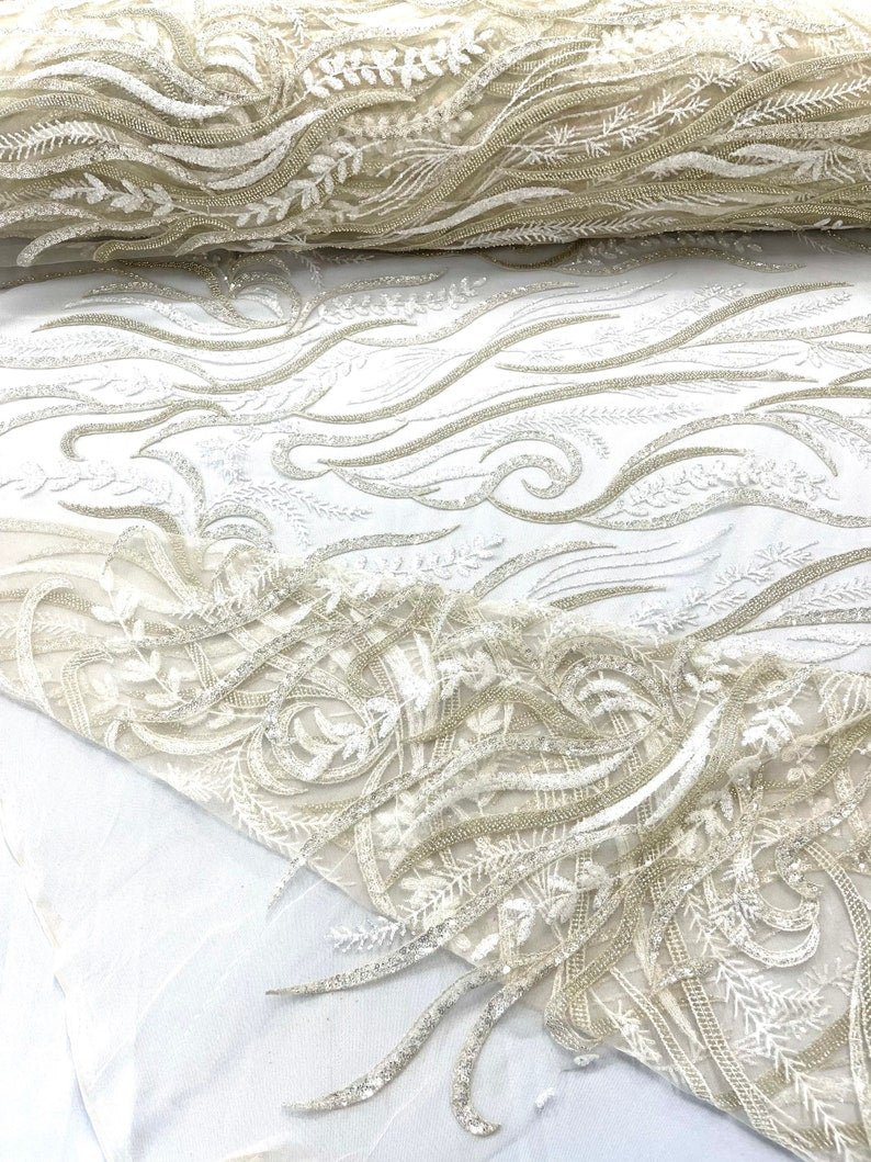 FEATHER BEADED LACE ON MESH FABRIC (By The Yard) - New Creations Fabric & Foam Inc