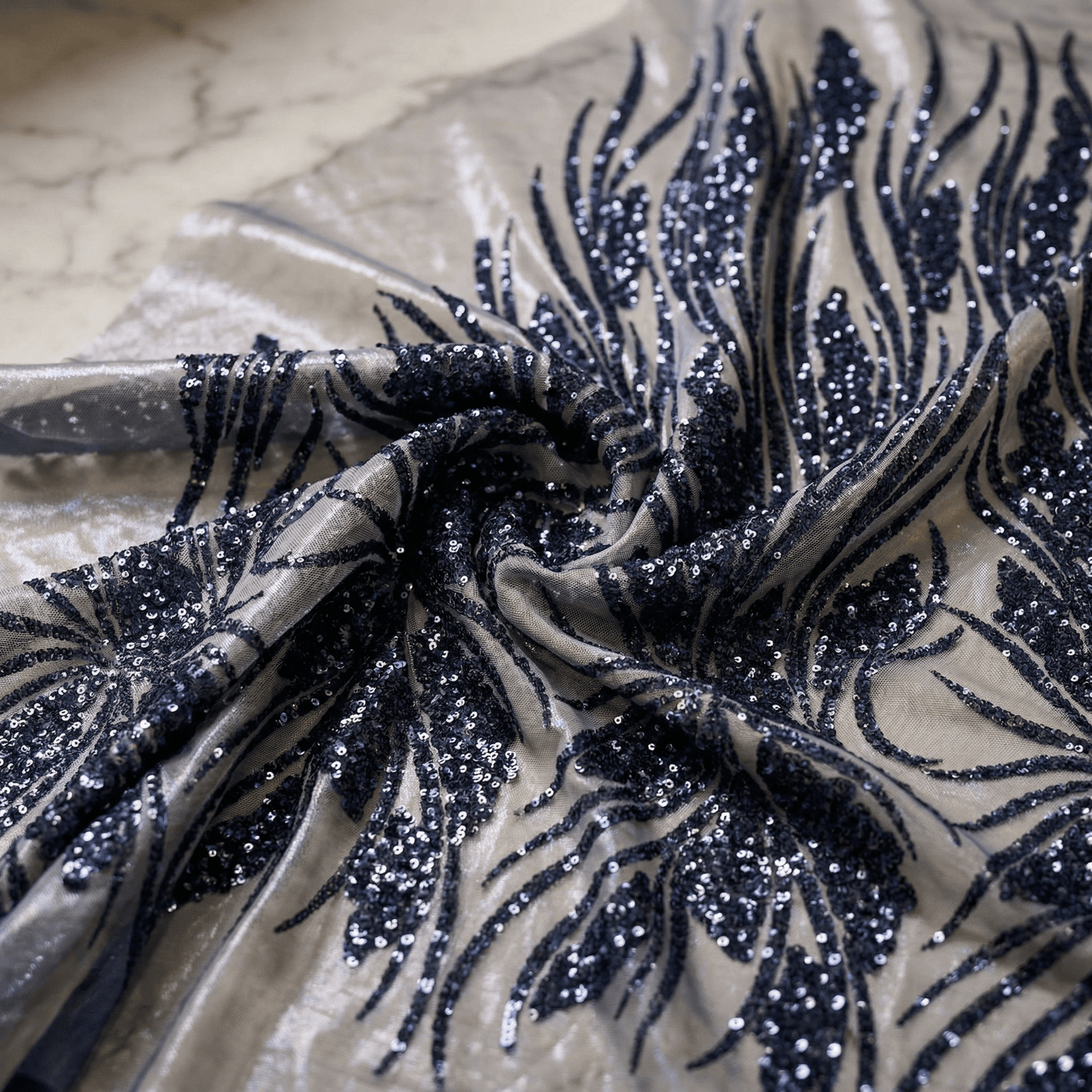 Feather Damask Sequin Stretch Mesh Fabric by the Yard 54” Wide – Iridescent Floral Sequin Fabric for Prom Dresses, Bridal Gowns & Luxury Fashion - New Creations Fabric & Foam Inc