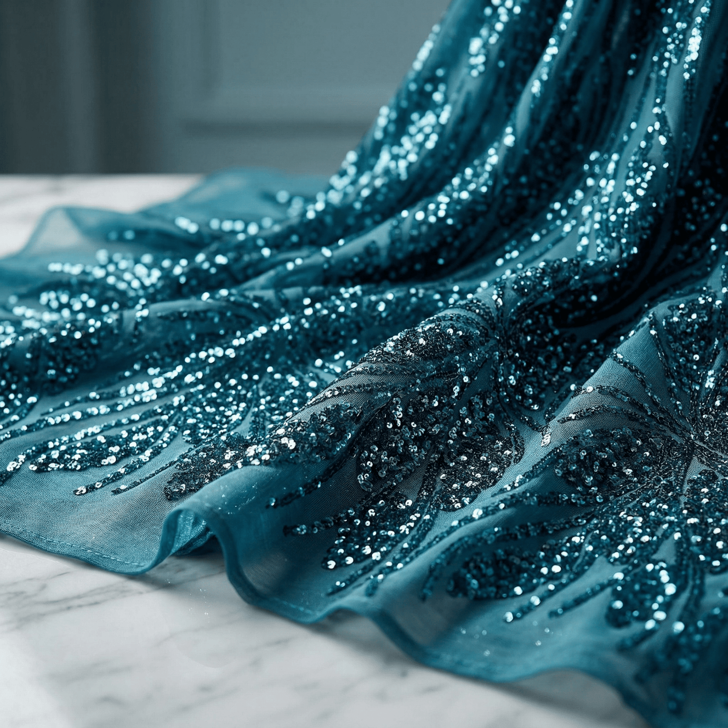 Feather Damask Sequin Stretch Mesh Fabric by the Yard 54” Wide – Iridescent Floral Sequin Fabric for Prom Dresses, Bridal Gowns & Luxury Fashion - New Creations Fabric & Foam Inc