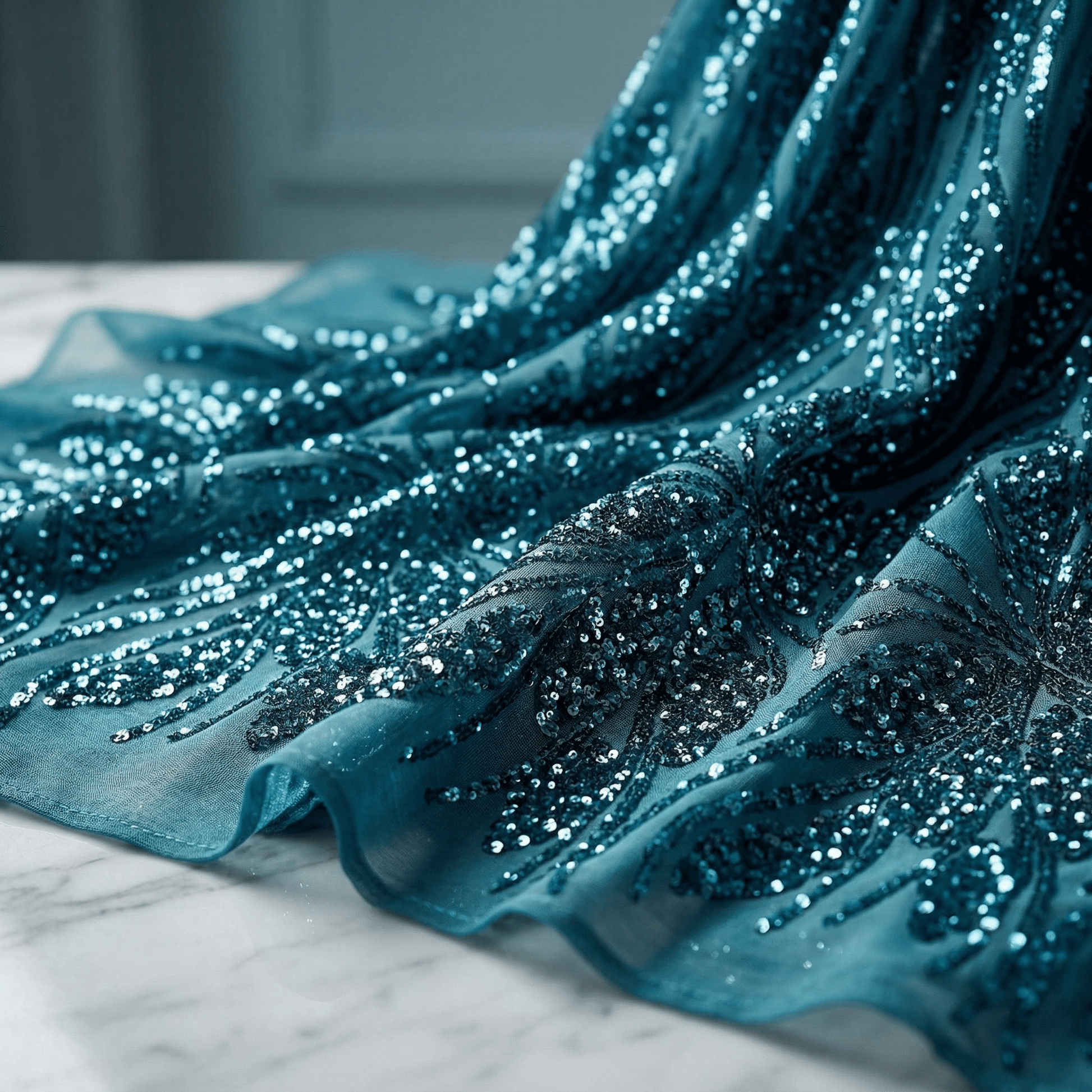 Feather Damask Sequin Stretch Mesh Fabric by the Yard 54” Wide – Iridescent Floral Sequin Fabric for Prom Dresses, Bridal Gowns & Luxury Fashion - New Creations Fabric & Foam Inc