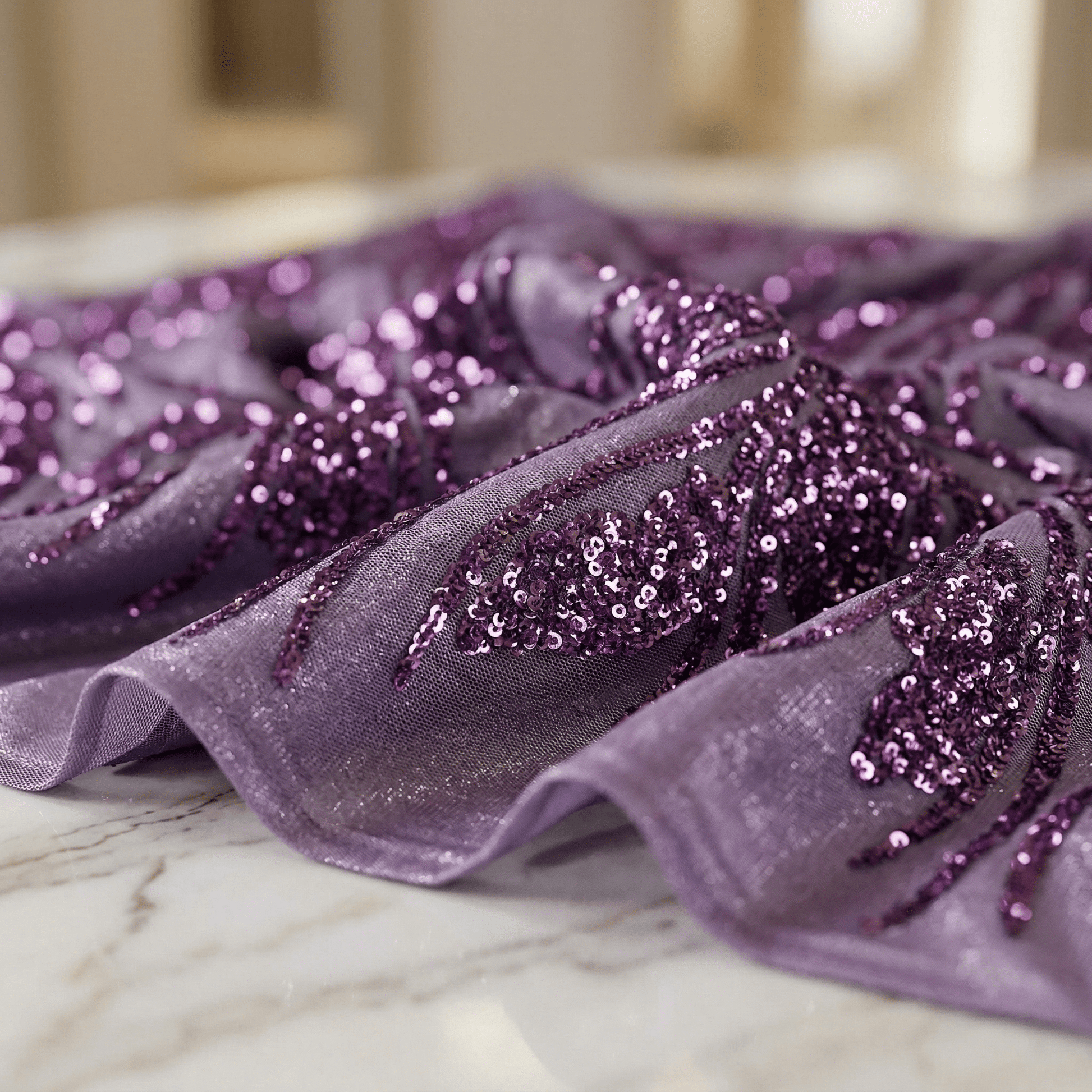 Feather Damask Sequin Stretch Mesh Fabric by the Yard 54” Wide – Iridescent Floral Sequin Fabric for Prom Dresses, Bridal Gowns & Luxury Fashion - New Creations Fabric & Foam Inc