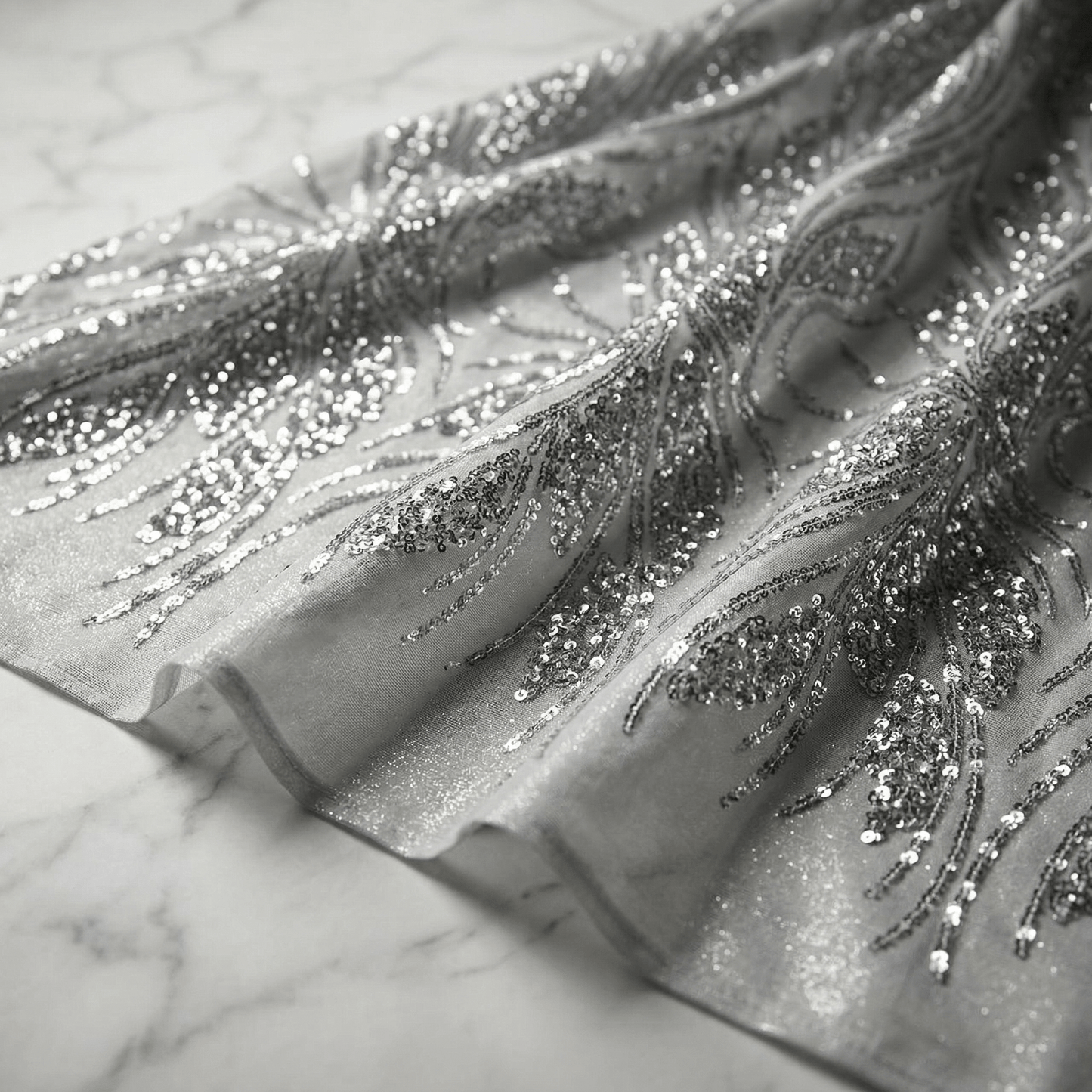 Feather Damask Sequin Stretch Mesh Fabric by the Yard 54” Wide – Iridescent Floral Sequin Fabric for Prom Dresses, Bridal Gowns & Luxury Fashion - New Creations Fabric & Foam Inc