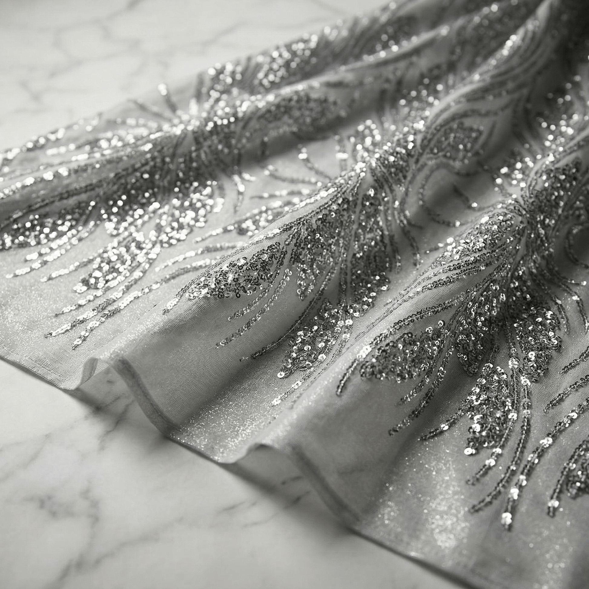 Feather Damask Sequin Stretch Mesh Fabric by the Yard 54” Wide – Iridescent Floral Sequin Fabric for Prom Dresses, Bridal Gowns & Luxury Fashion - New Creations Fabric & Foam Inc