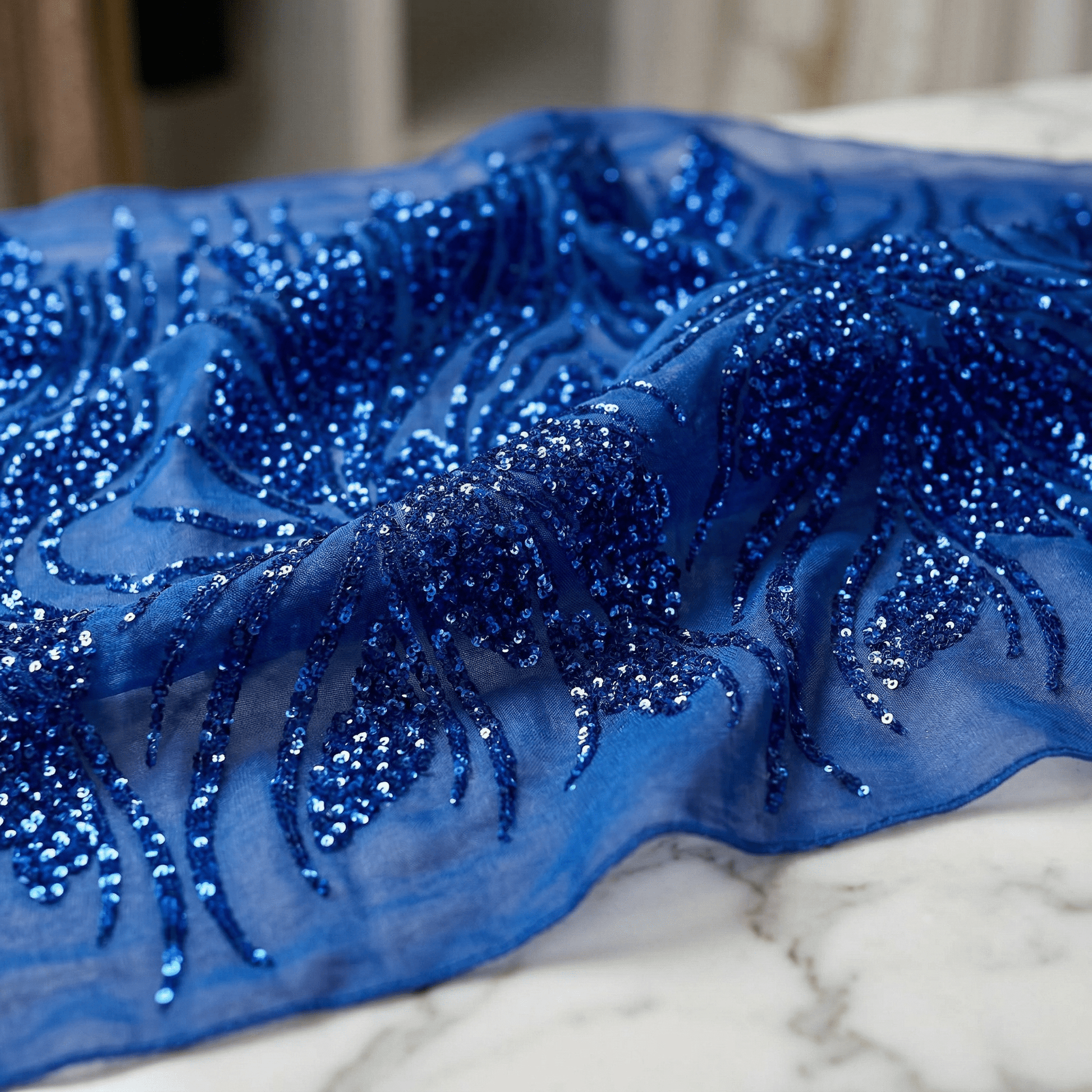Feather Damask Sequin Stretch Mesh Fabric by the Yard 54” Wide – Iridescent Floral Sequin Fabric for Prom Dresses, Bridal Gowns & Luxury Fashion - New Creations Fabric & Foam Inc