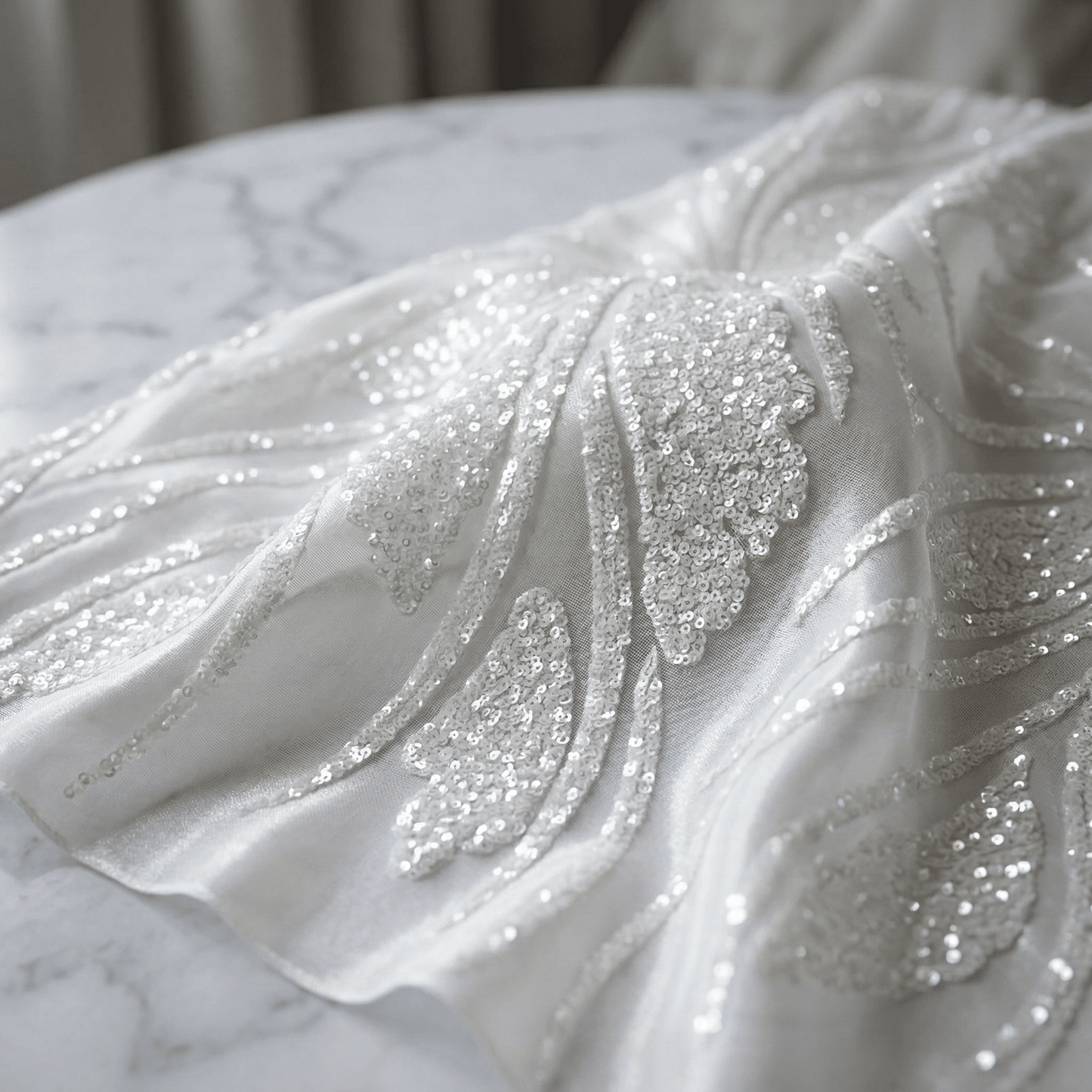 Feather Damask Sequin Stretch Mesh Fabric by the Yard 54” Wide – Iridescent Floral Sequin Fabric for Prom Dresses, Bridal Gowns & Luxury Fashion - New Creations Fabric & Foam Inc