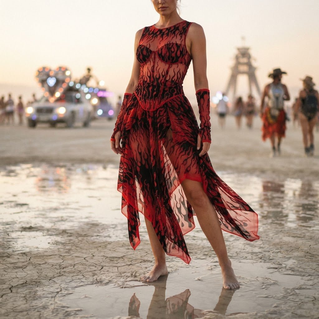 Flame Fabric, Black Flocked Power Mesh With Glitter, 58" Wide| Cosplays| Burning Man. - New Creations Fabric & Foam Inc