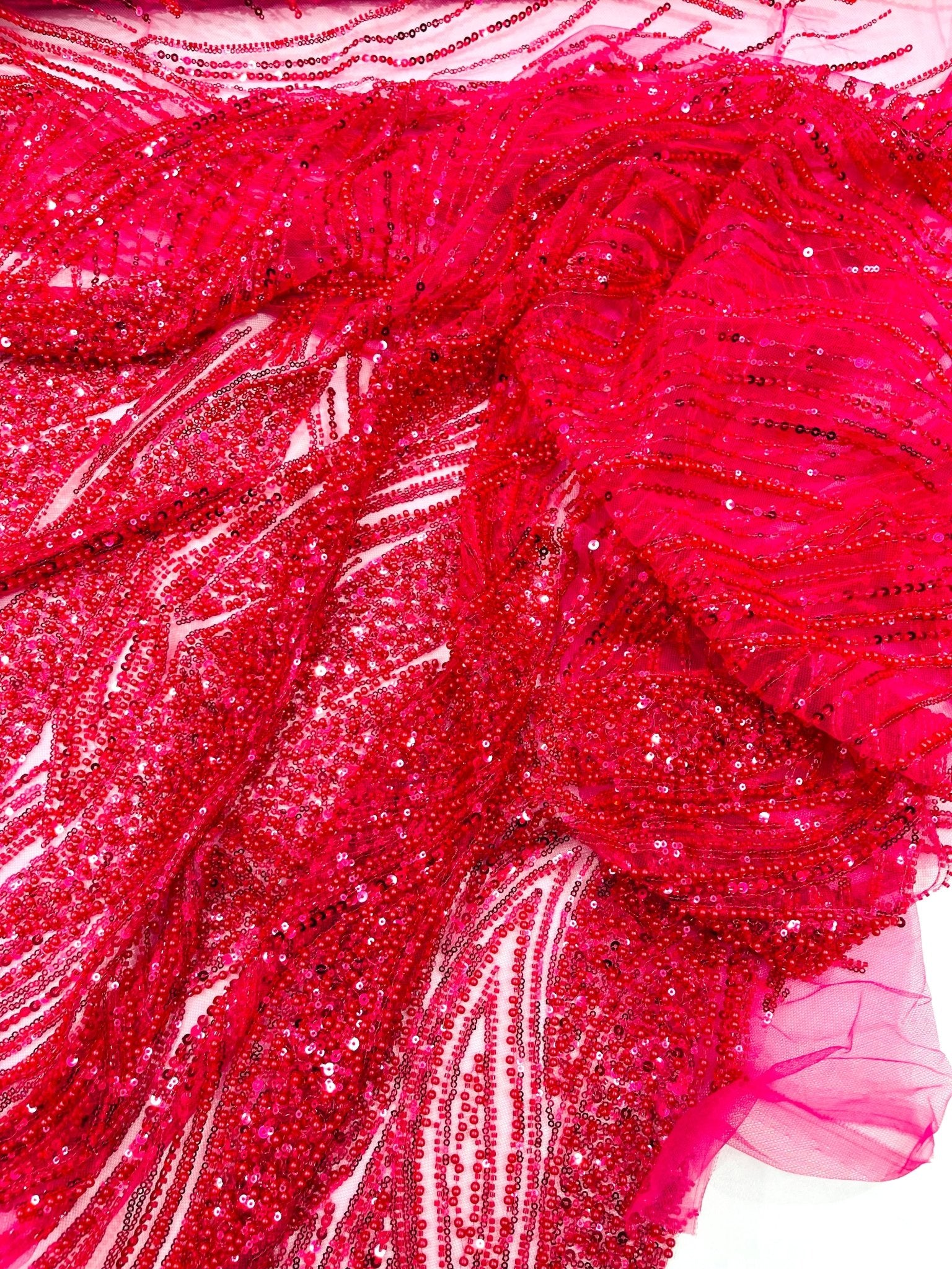 Flame Fashion Beaded Lace Fabric| Prom| Wedding| By The Yard. - New Creations Fabric & Foam Inc