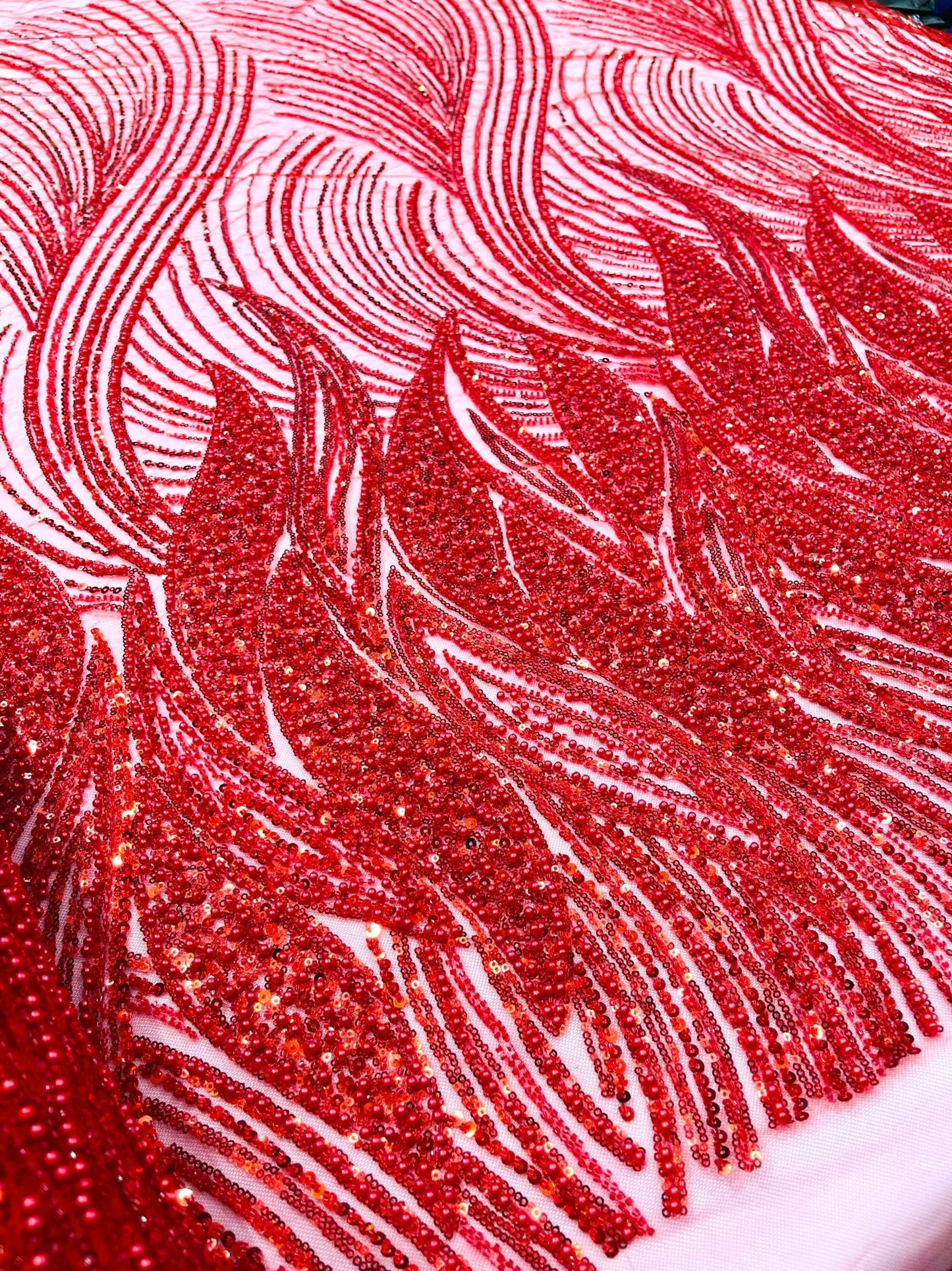 Flame Fashion Beaded Lace Fabric| Prom| Wedding| By The Yard. - New Creations Fabric & Foam Inc