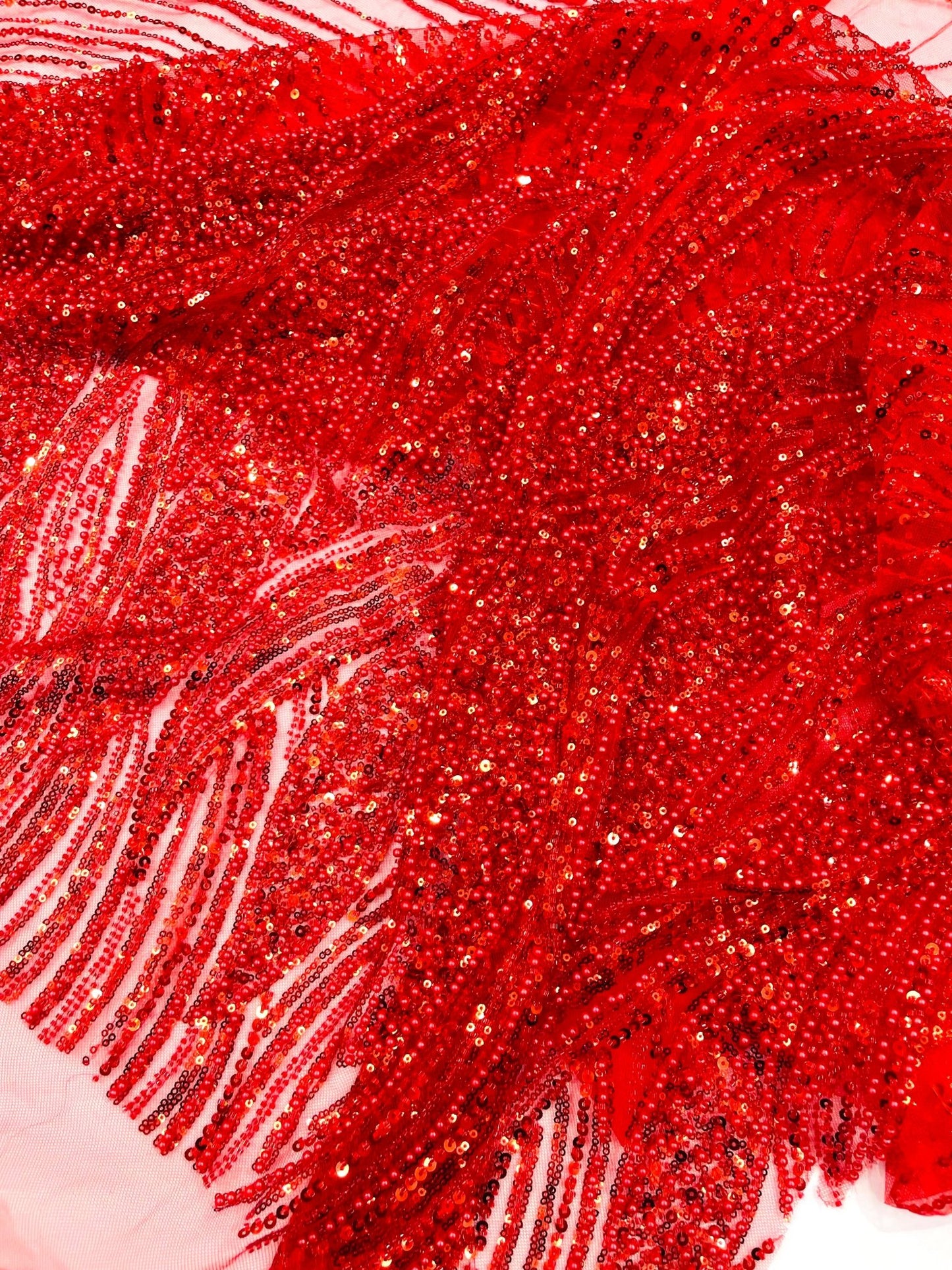 Flame Fashion Beaded Lace Fabric| Prom| Wedding| By The Yard. - New Creations Fabric & Foam Inc
