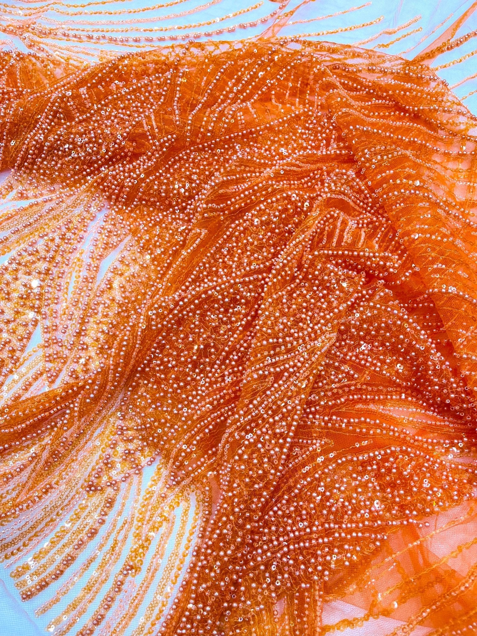Flame Fashion Beaded Lace Fabric| Prom| Wedding| By The Yard. - New Creations Fabric & Foam Inc
