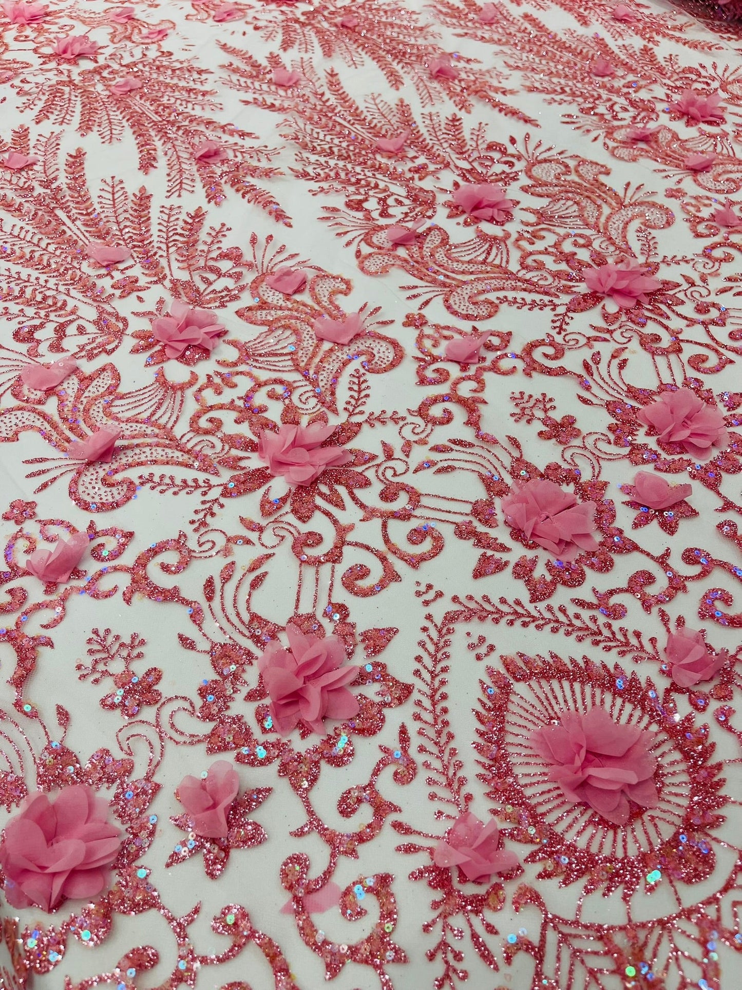 Floral 3D Palm Damask with Glitter in a Mesh Lace| New Creations Fabric & Foam Inc. - New Creations Fabric & Foam Inc