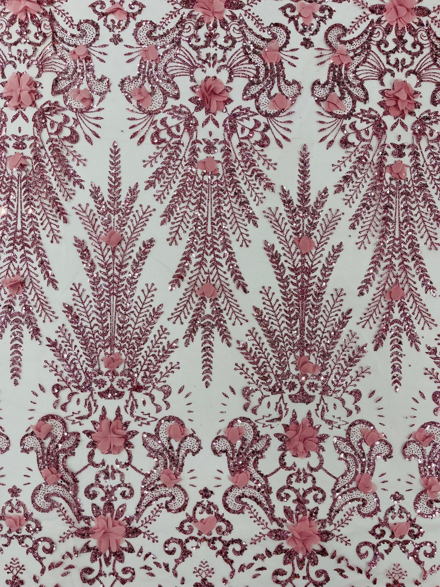 Floral 3D Palm Damask with Glitter in a Mesh Lace| New Creations Fabric & Foam Inc. - New Creations Fabric & Foam Inc