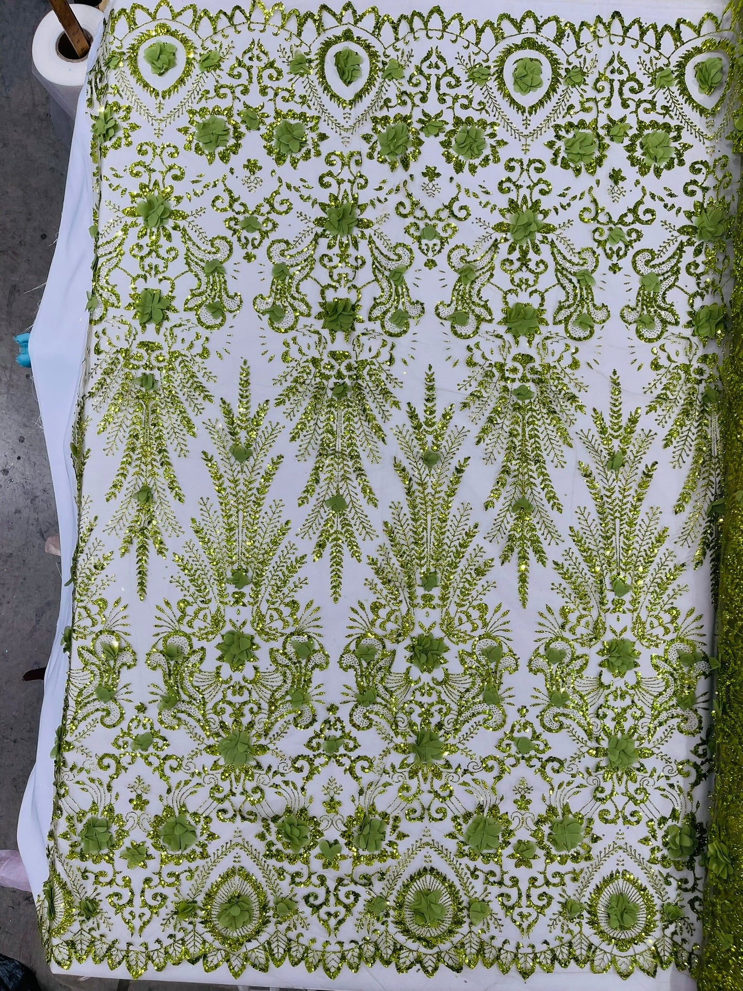 Floral 3D Palm Damask with Glitter in a Mesh Lace| New Creations Fabric & Foam Inc. - New Creations Fabric & Foam Inc