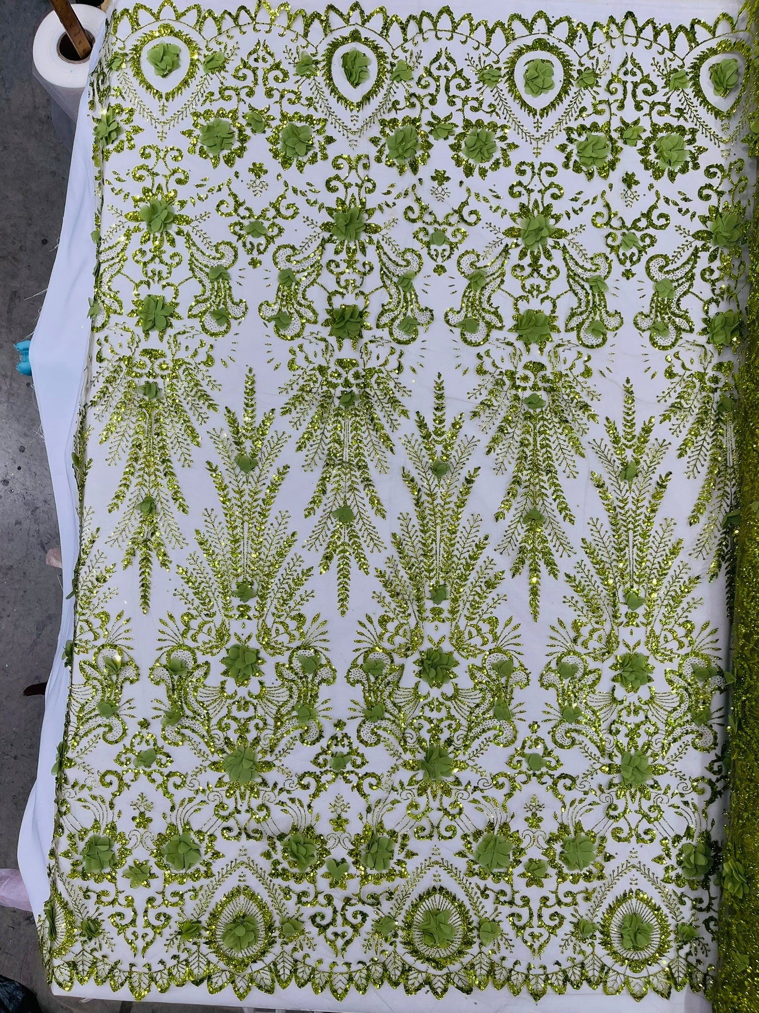 Floral 3D Palm Damask with Glitter in a Mesh Lace| New Creations Fabric & Foam Inc. - New Creations Fabric & Foam Inc