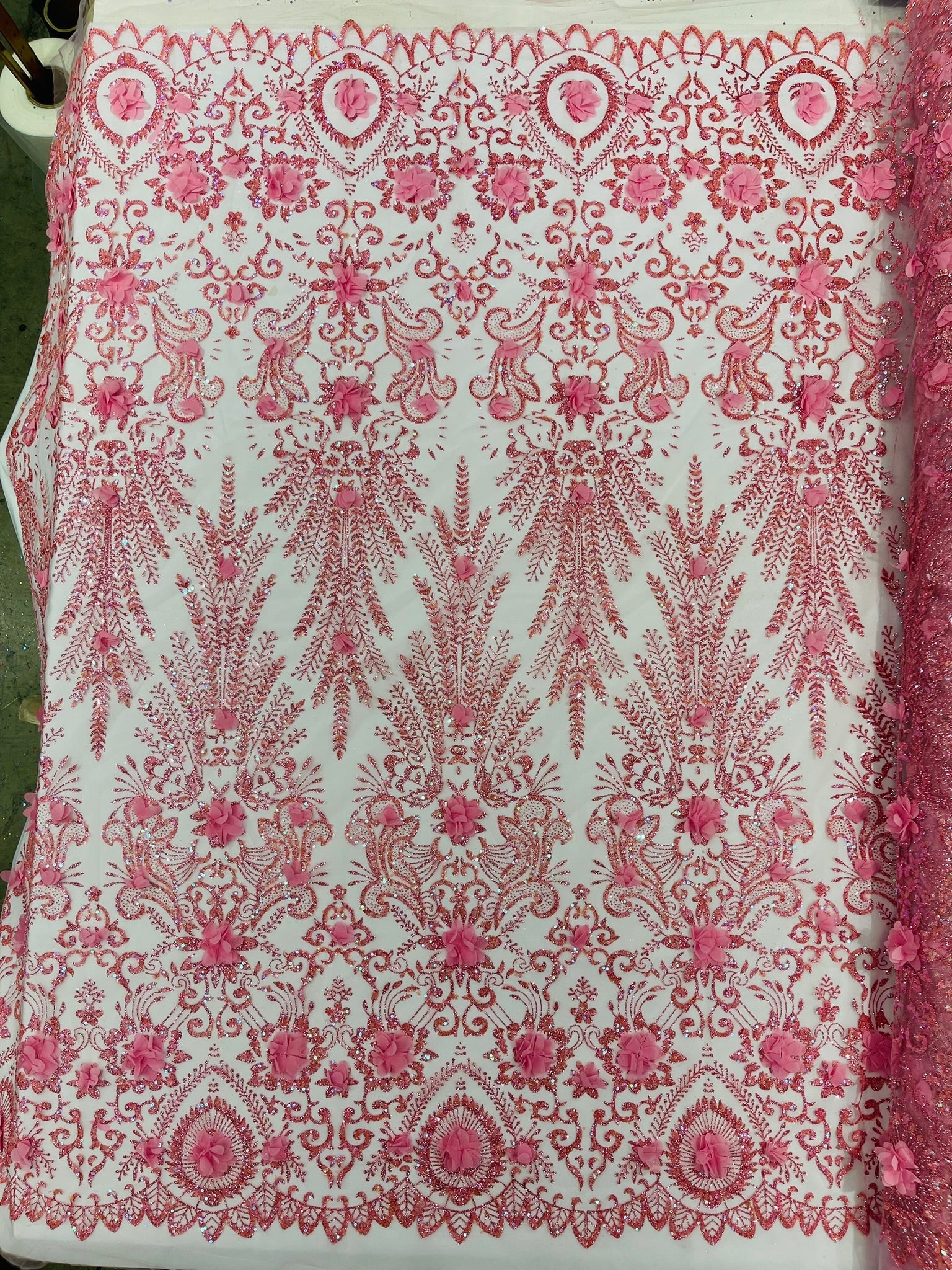 Floral 3D Palm Damask with Glitter in a Mesh Lace| New Creations Fabric & Foam Inc. - New Creations Fabric & Foam Inc