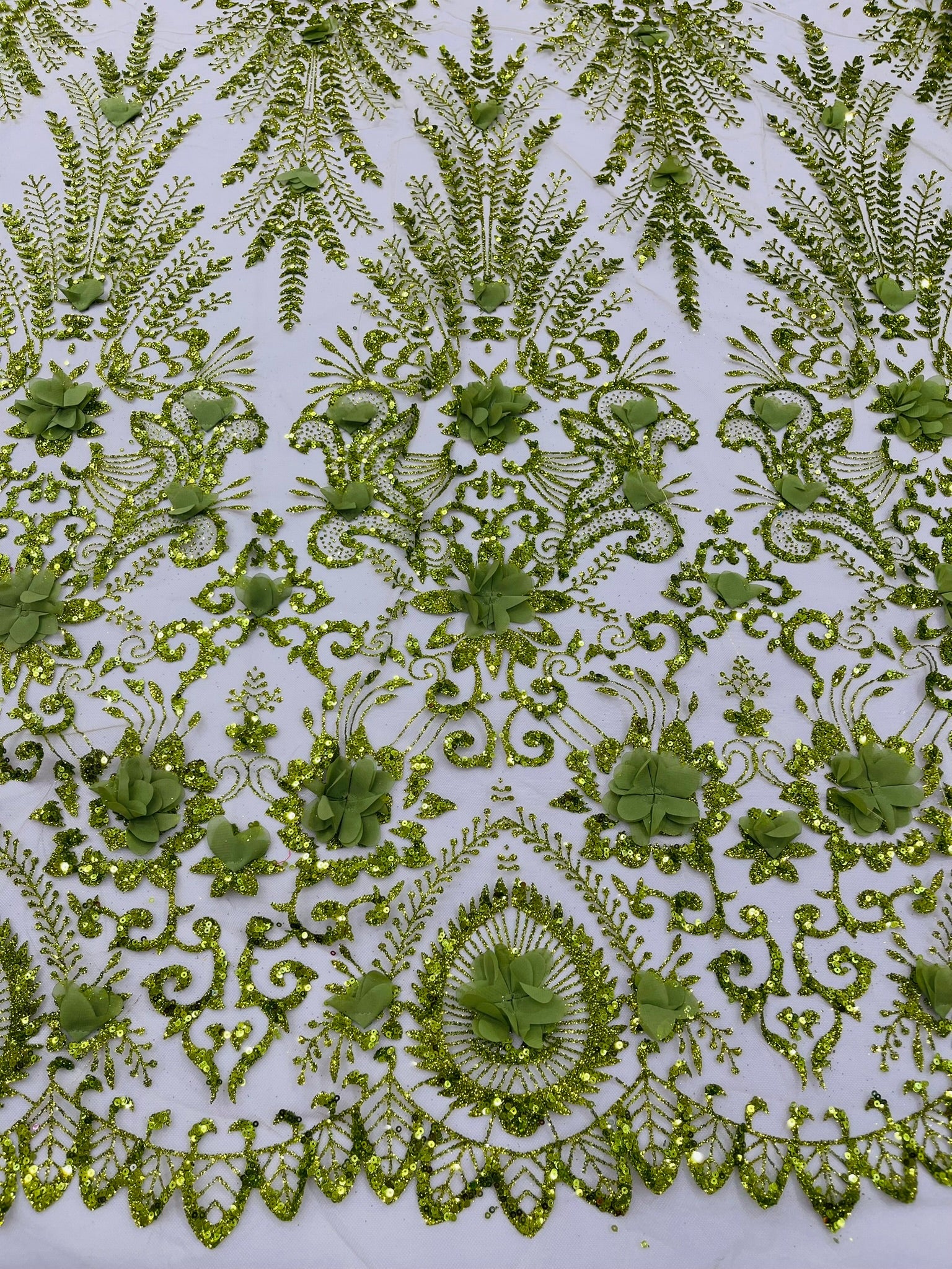 Floral 3D Palm Damask with Glitter in a Mesh Lace| New Creations Fabric & Foam Inc. - New Creations Fabric & Foam Inc