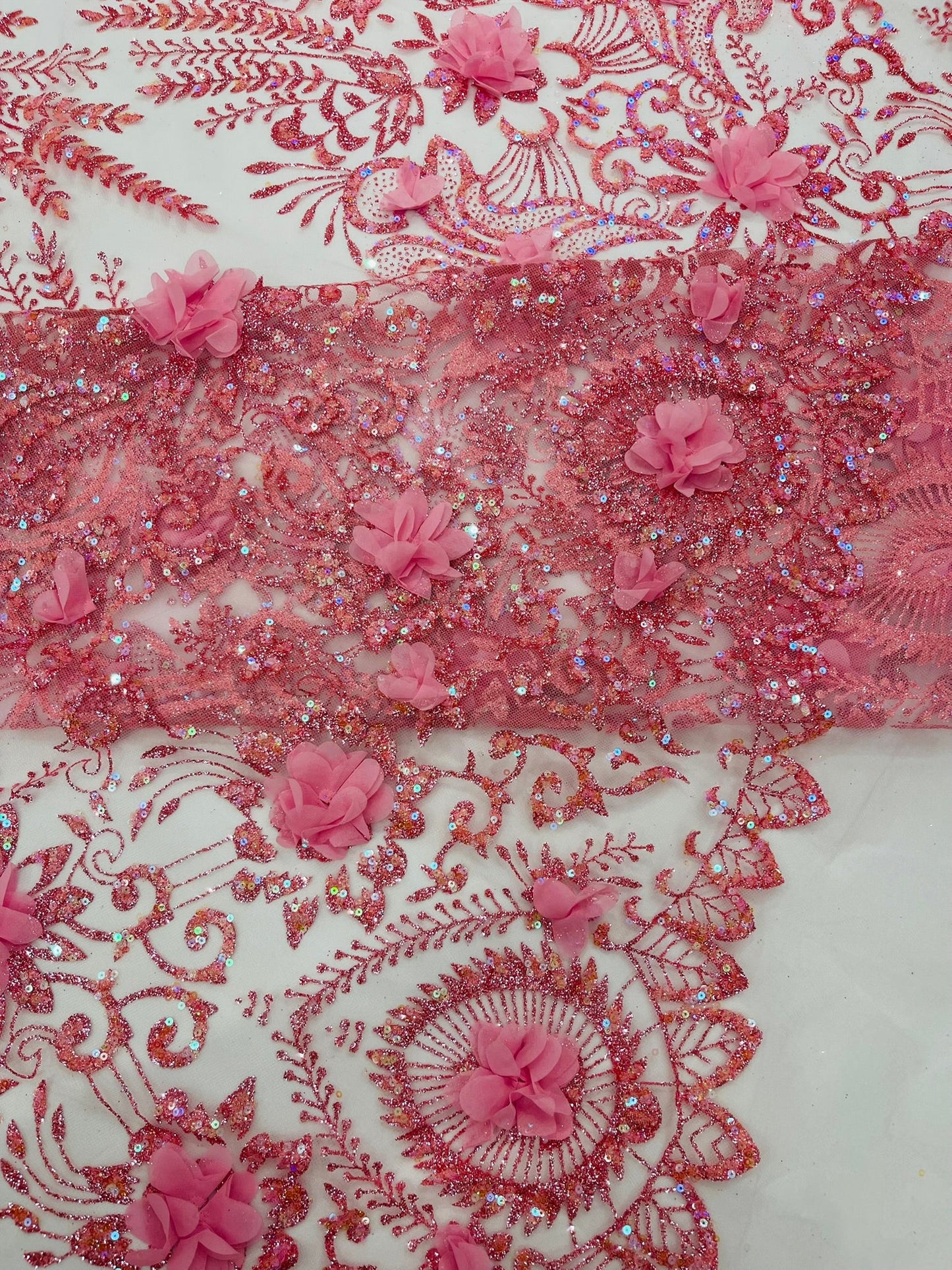 Floral 3D Palm Damask with Glitter in a Mesh Lace| New Creations Fabric & Foam Inc. - New Creations Fabric & Foam Inc