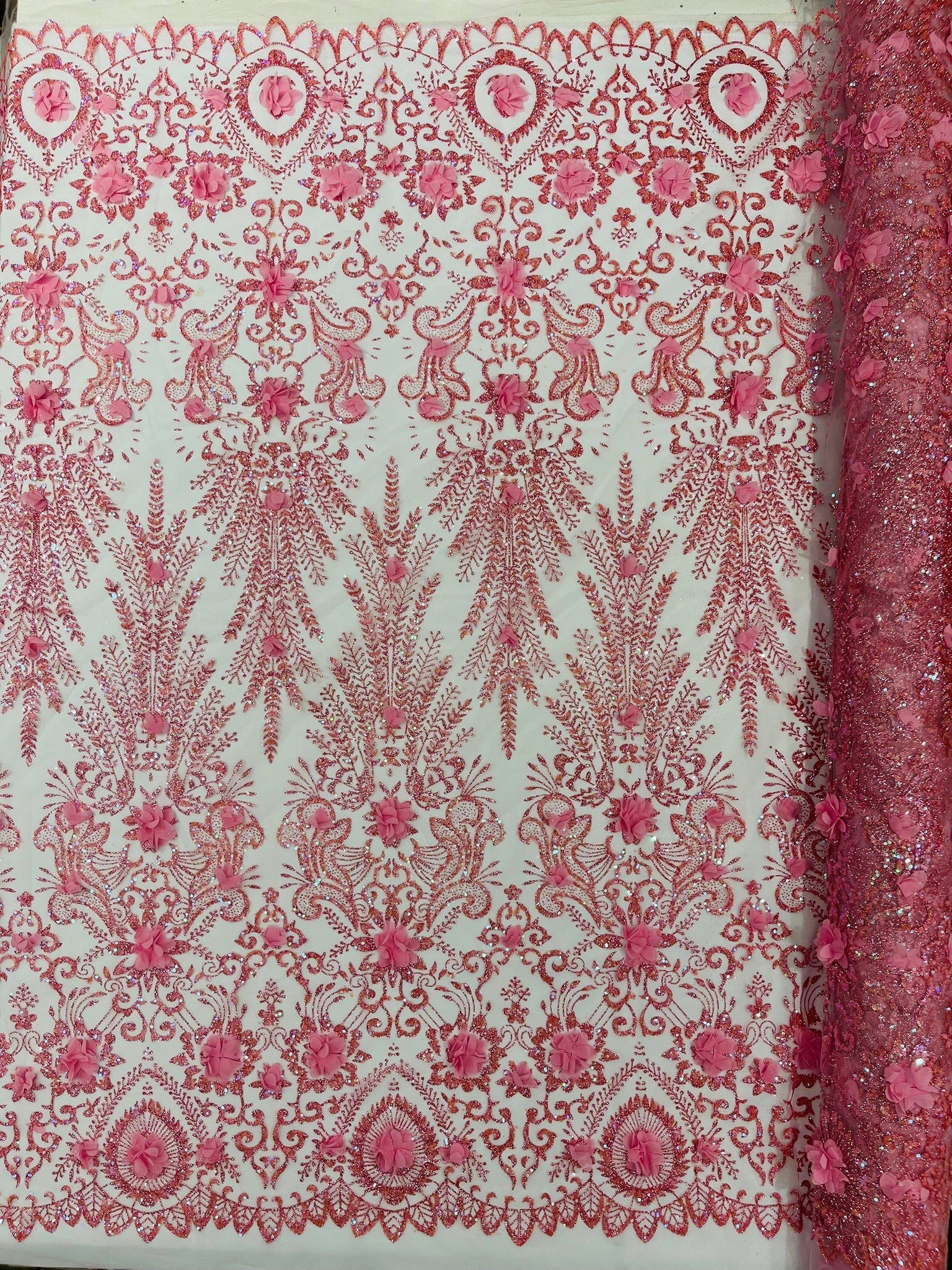 Floral 3D Palm Damask with Glitter in a Mesh Lace| New Creations Fabric & Foam Inc. - New Creations Fabric & Foam Inc