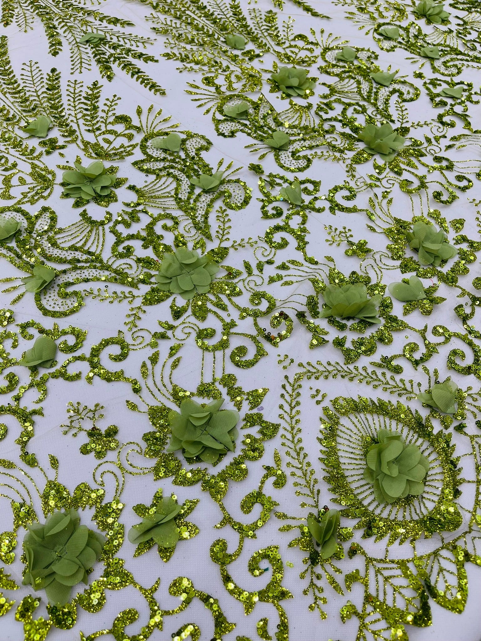 Floral 3D Palm Damask with Glitter in a Mesh Lace| New Creations Fabric & Foam Inc. - New Creations Fabric & Foam Inc