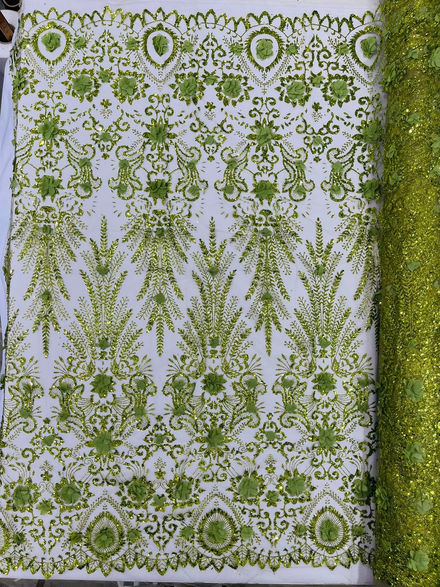 Floral 3D Palm Damask with Glitter in a Mesh Lace| New Creations Fabric & Foam Inc. - New Creations Fabric & Foam Inc