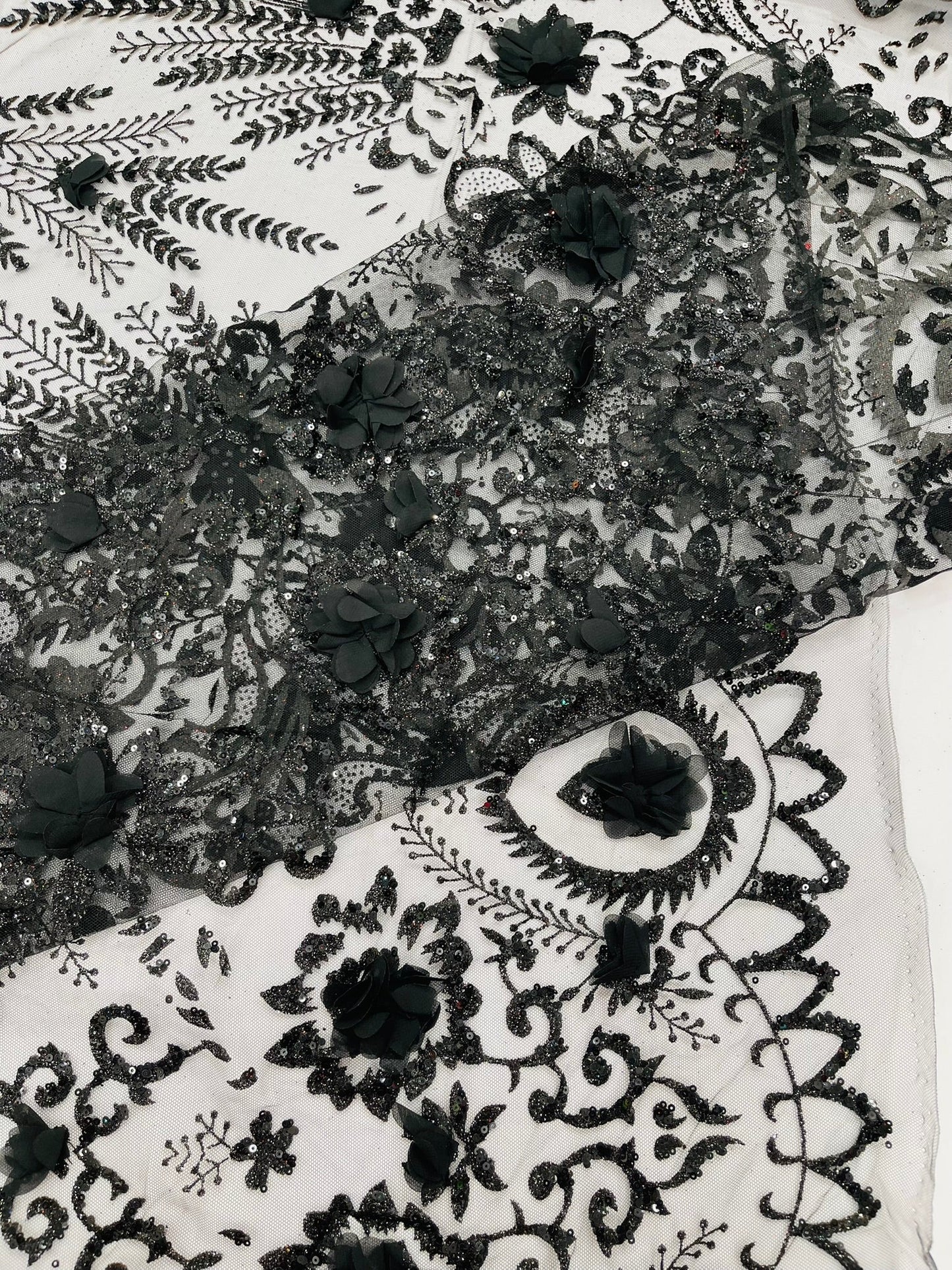 Floral 3D Palm Damask with Glitter in a Mesh Lace| New Creations Fabric & Foam Inc. - New Creations Fabric & Foam Inc