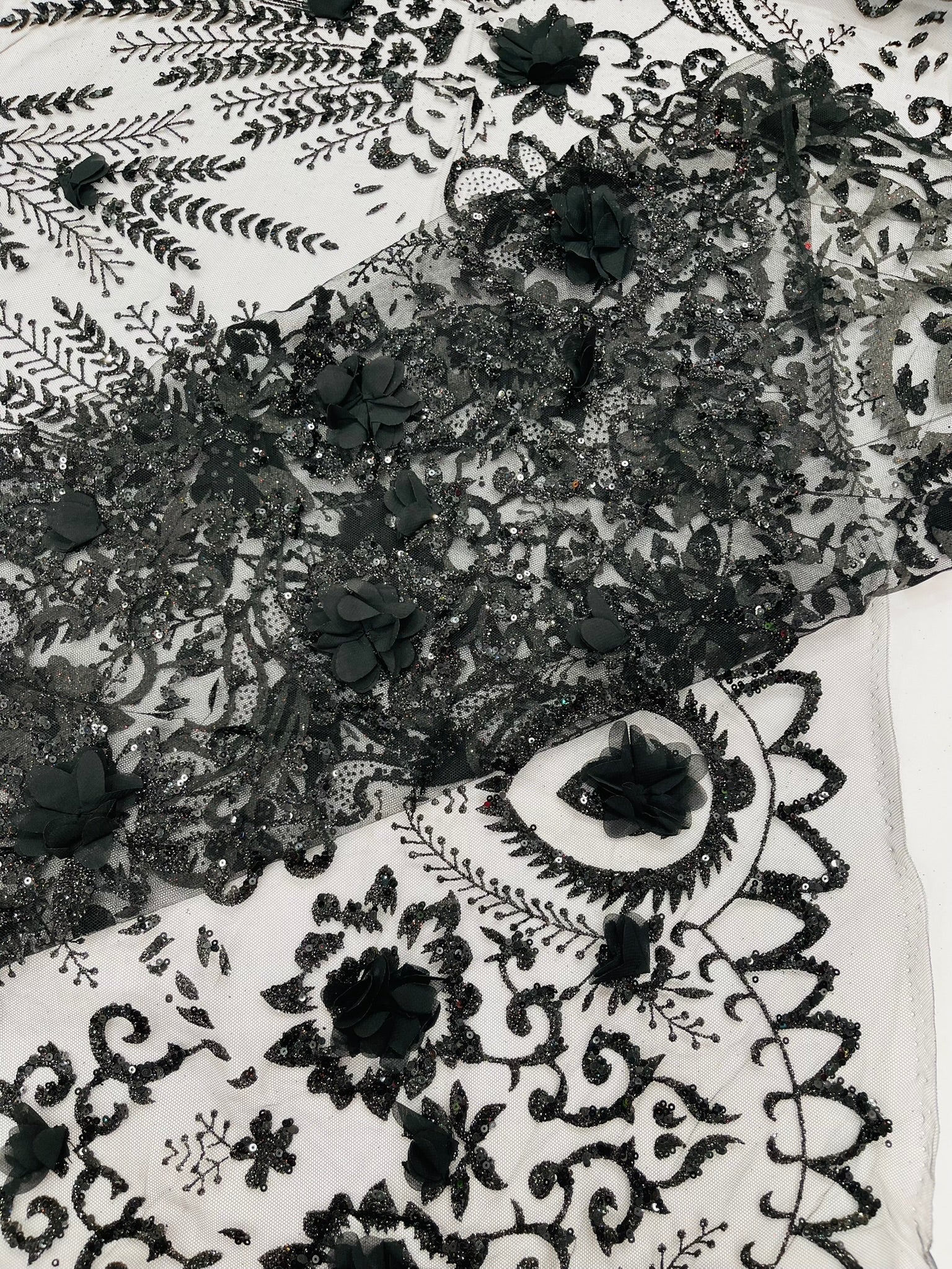 Floral 3D Palm Damask with Glitter in a Mesh Lace| New Creations Fabric & Foam Inc. - New Creations Fabric & Foam Inc