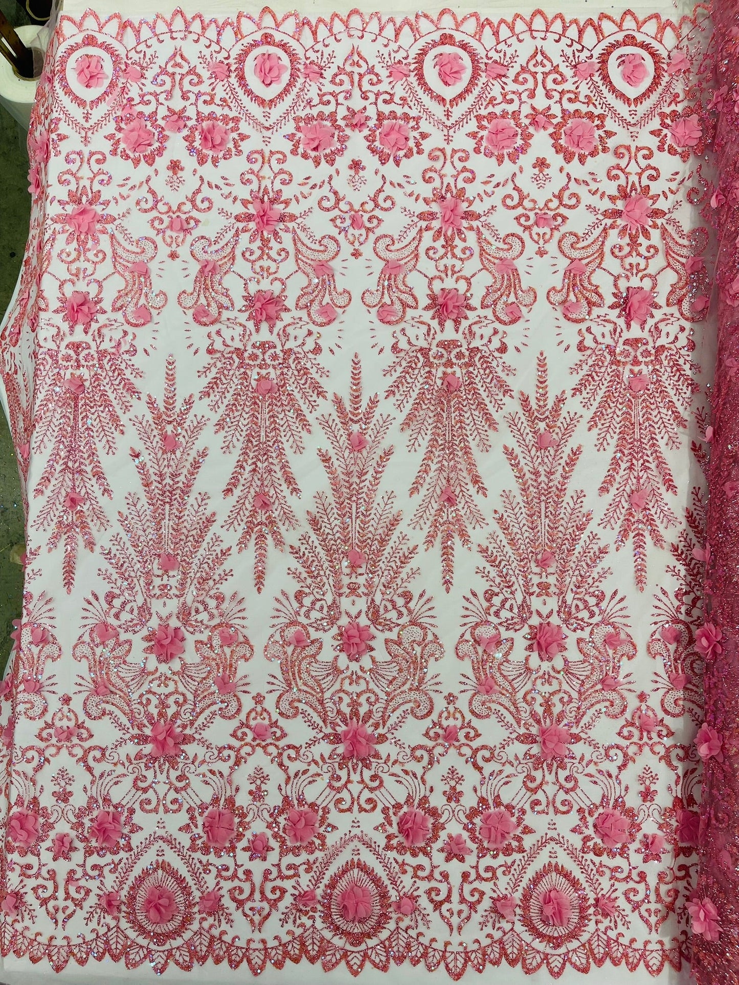 Floral 3D Palm Damask with Glitter in a Mesh Lace| New Creations Fabric & Foam Inc. - New Creations Fabric & Foam Inc