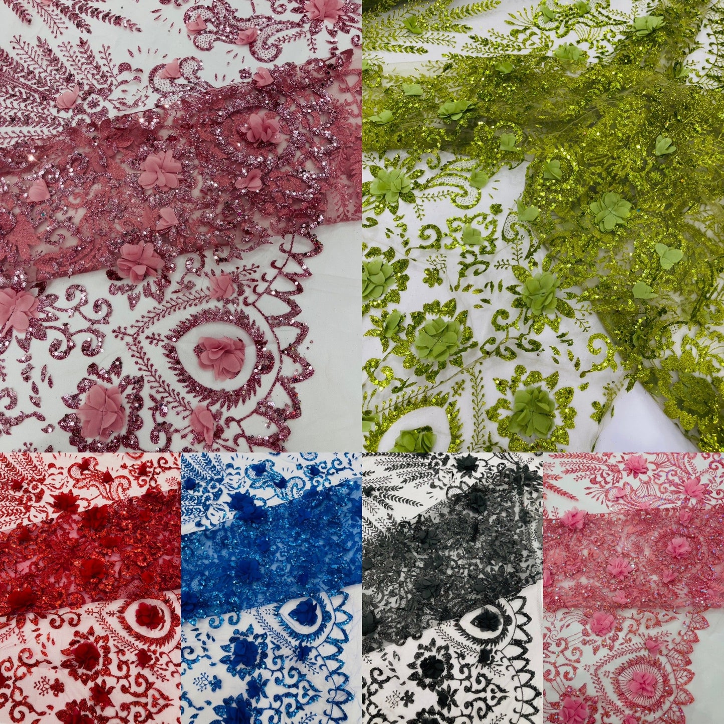 Floral 3D Palm Damask with Glitter in a Mesh Lace| New Creations Fabric & Foam Inc. - New Creations Fabric & Foam Inc