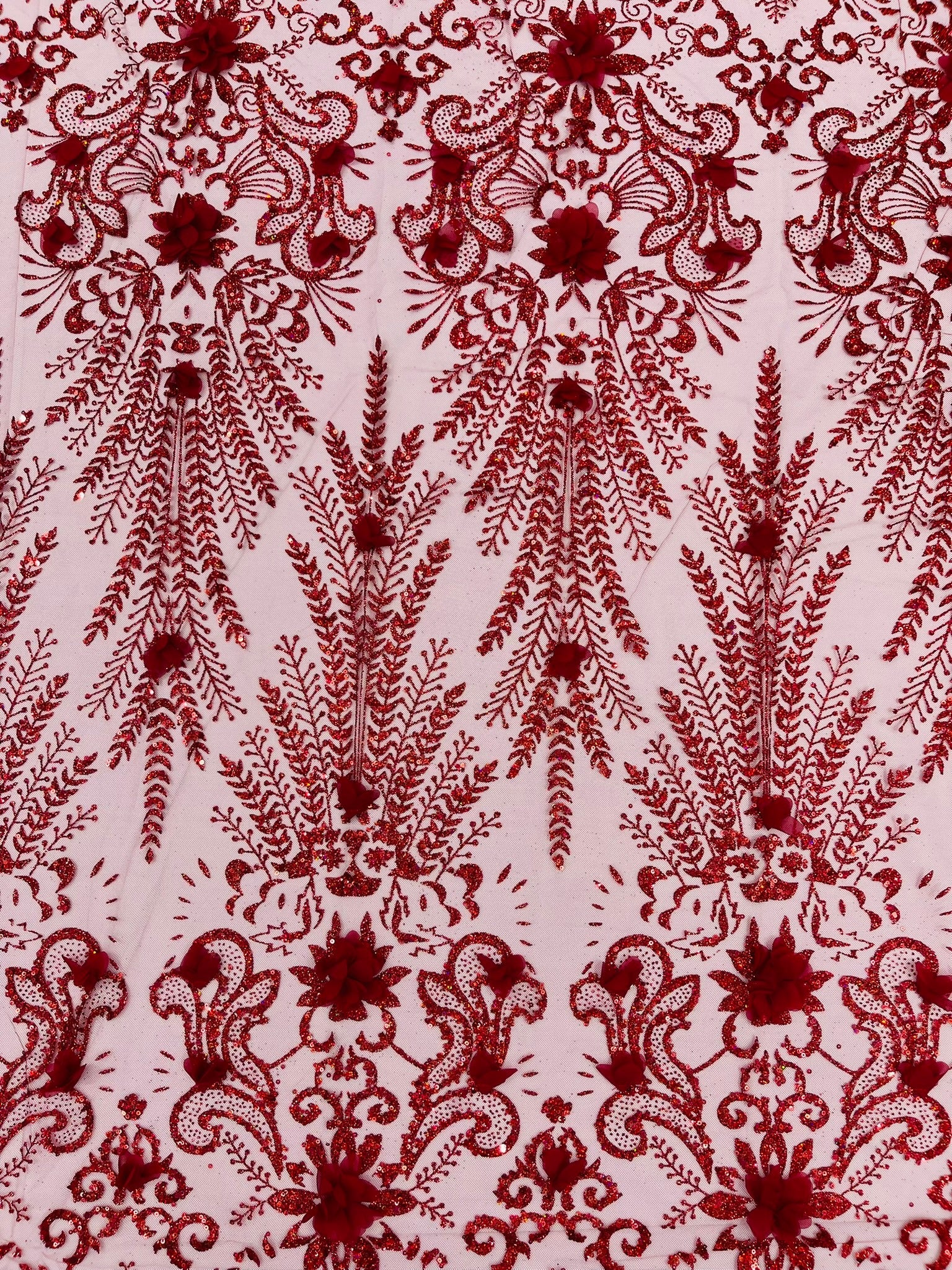 Floral 3D Palm Damask with Glitter in a Mesh Lace| New Creations Fabric & Foam Inc. - New Creations Fabric & Foam Inc