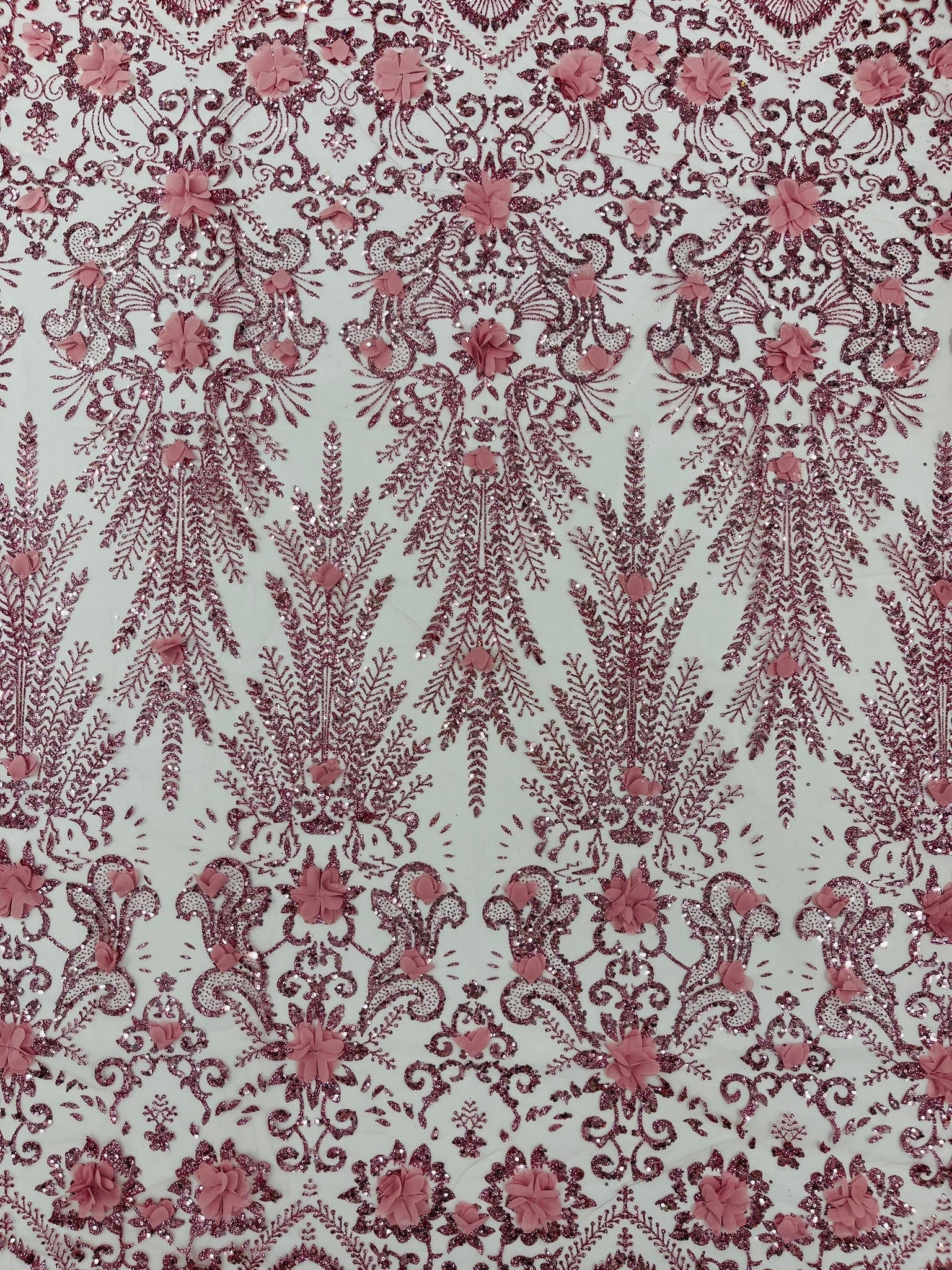 Floral 3D Palm Damask with Glitter in a Mesh Lace| New Creations Fabric & Foam Inc. - New Creations Fabric & Foam Inc