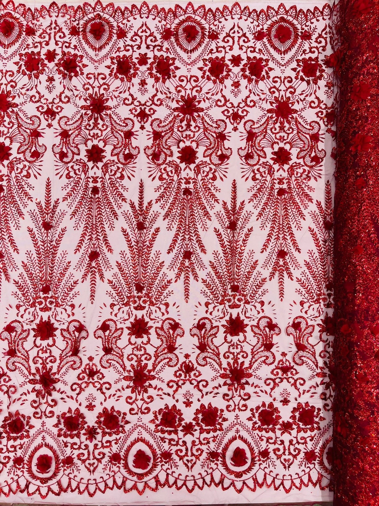 Floral 3D Palm Damask with Glitter in a Mesh Lace| New Creations Fabric & Foam Inc. - New Creations Fabric & Foam Inc