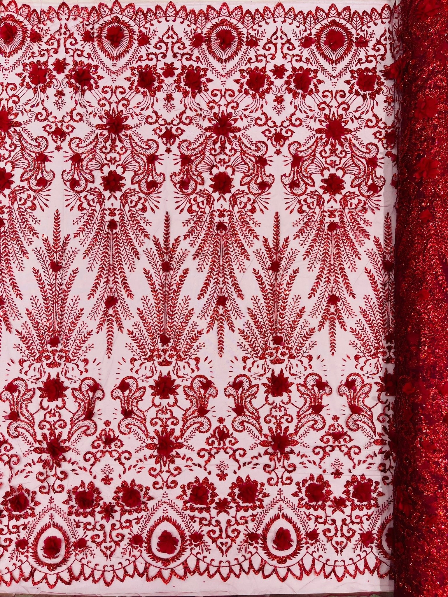Floral 3D Palm Damask with Glitter in a Mesh Lace| New Creations Fabric & Foam Inc. - New Creations Fabric & Foam Inc