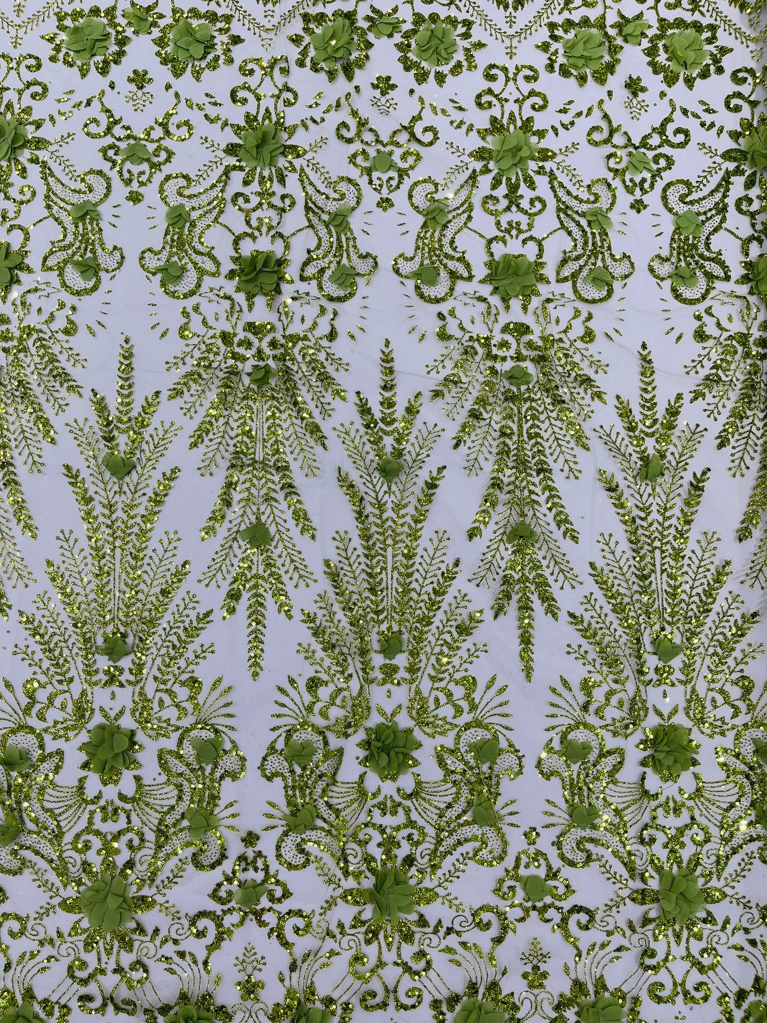 Floral 3D Palm Damask with Glitter in a Mesh Lace| New Creations Fabric & Foam Inc. - New Creations Fabric & Foam Inc