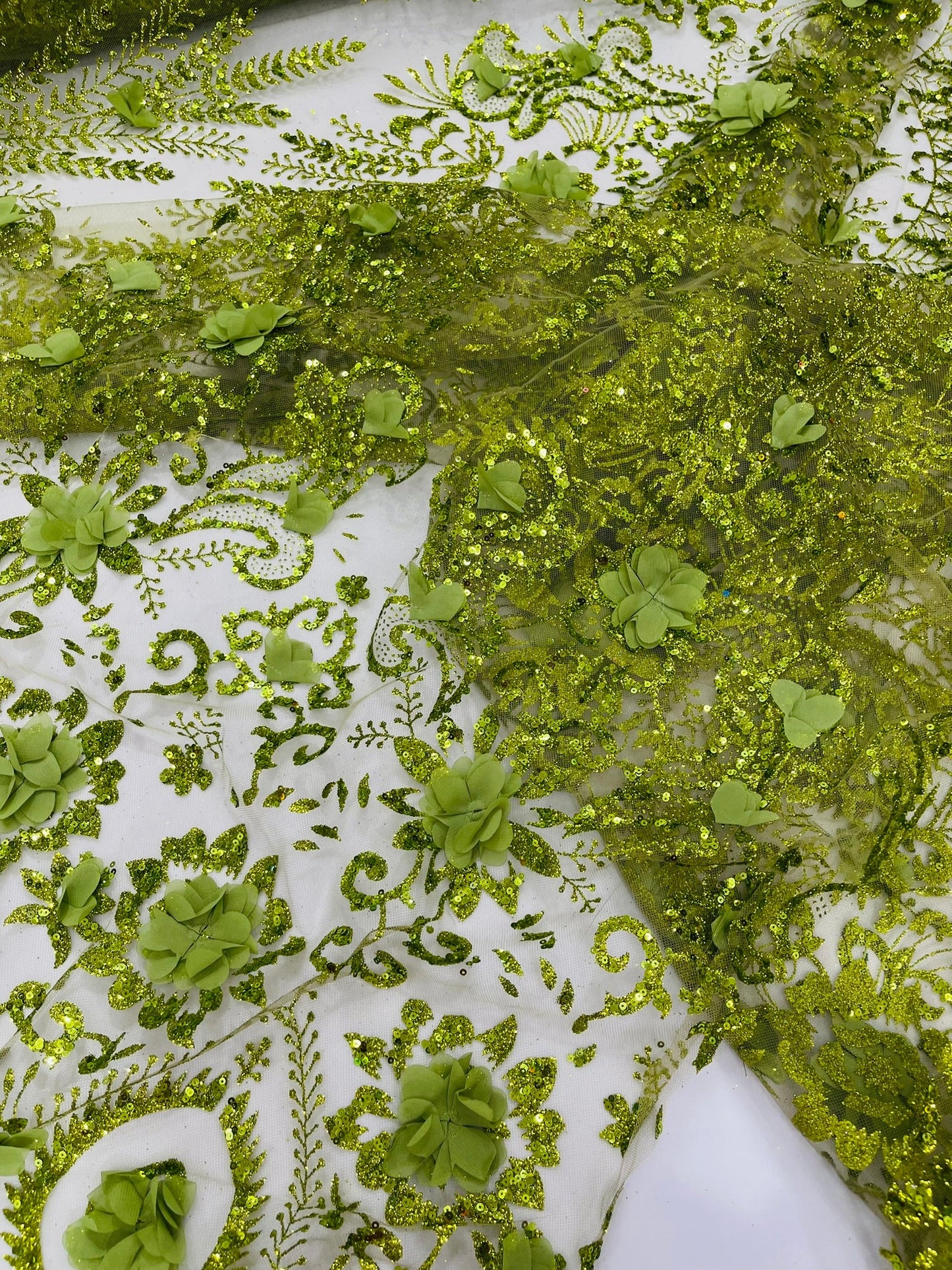 Floral 3D Palm Damask with Glitter in a Mesh Lace| New Creations Fabric & Foam Inc. - New Creations Fabric & Foam Inc