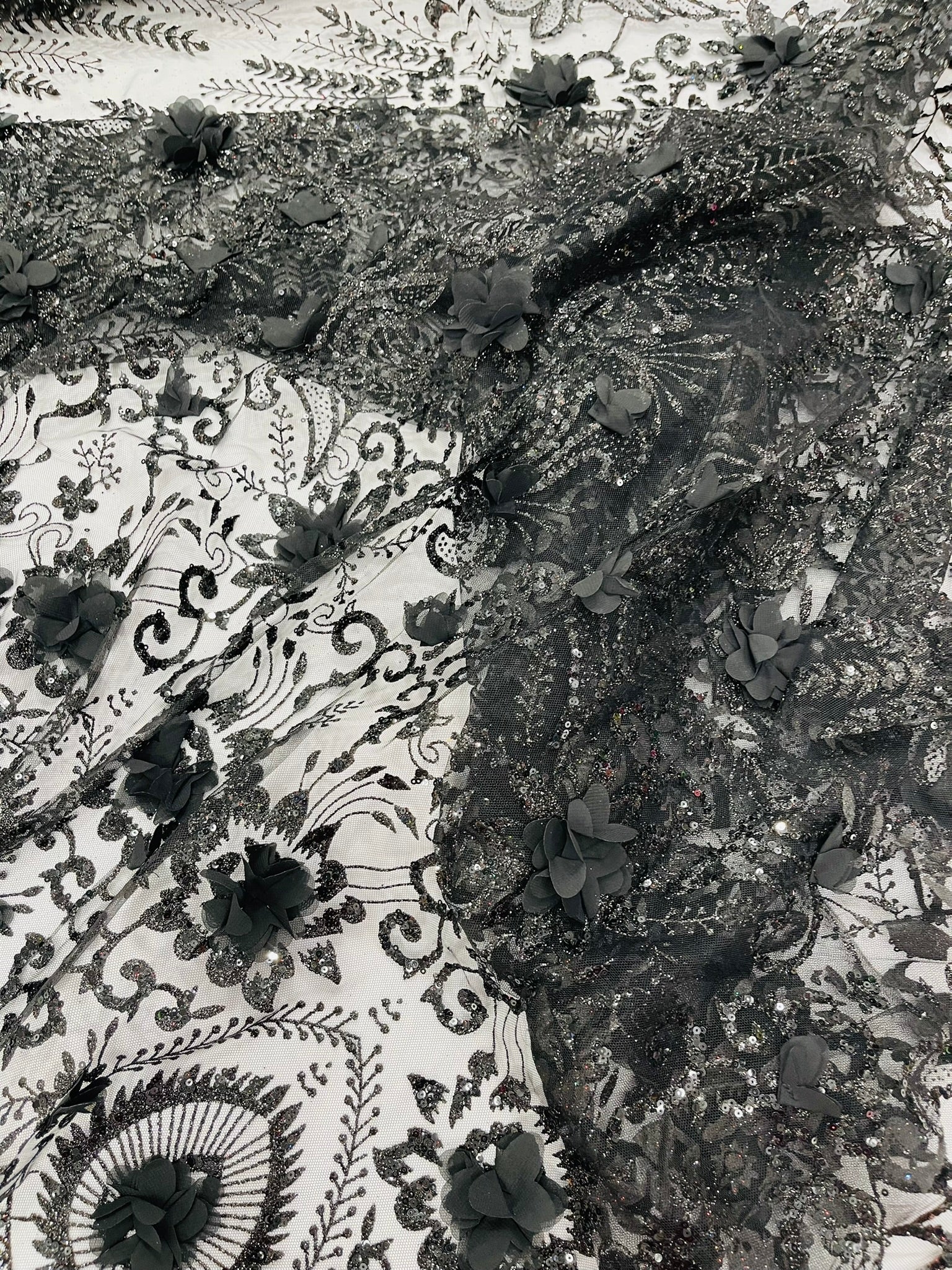 Floral 3D Palm Damask with Glitter in a Mesh Lace| New Creations Fabric & Foam Inc. - New Creations Fabric & Foam Inc