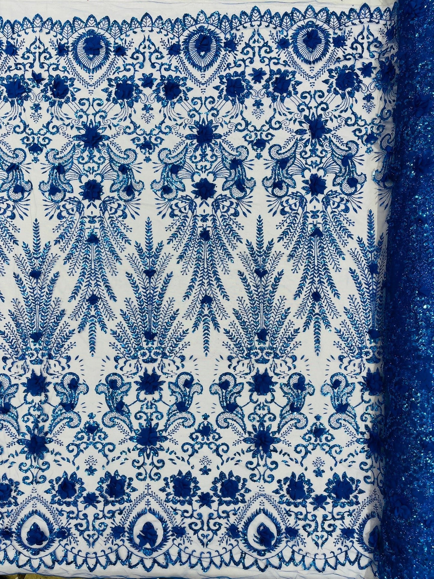 Floral 3D Palm Damask with Glitter in a Mesh Lace| New Creations Fabric & Foam Inc. - New Creations Fabric & Foam Inc