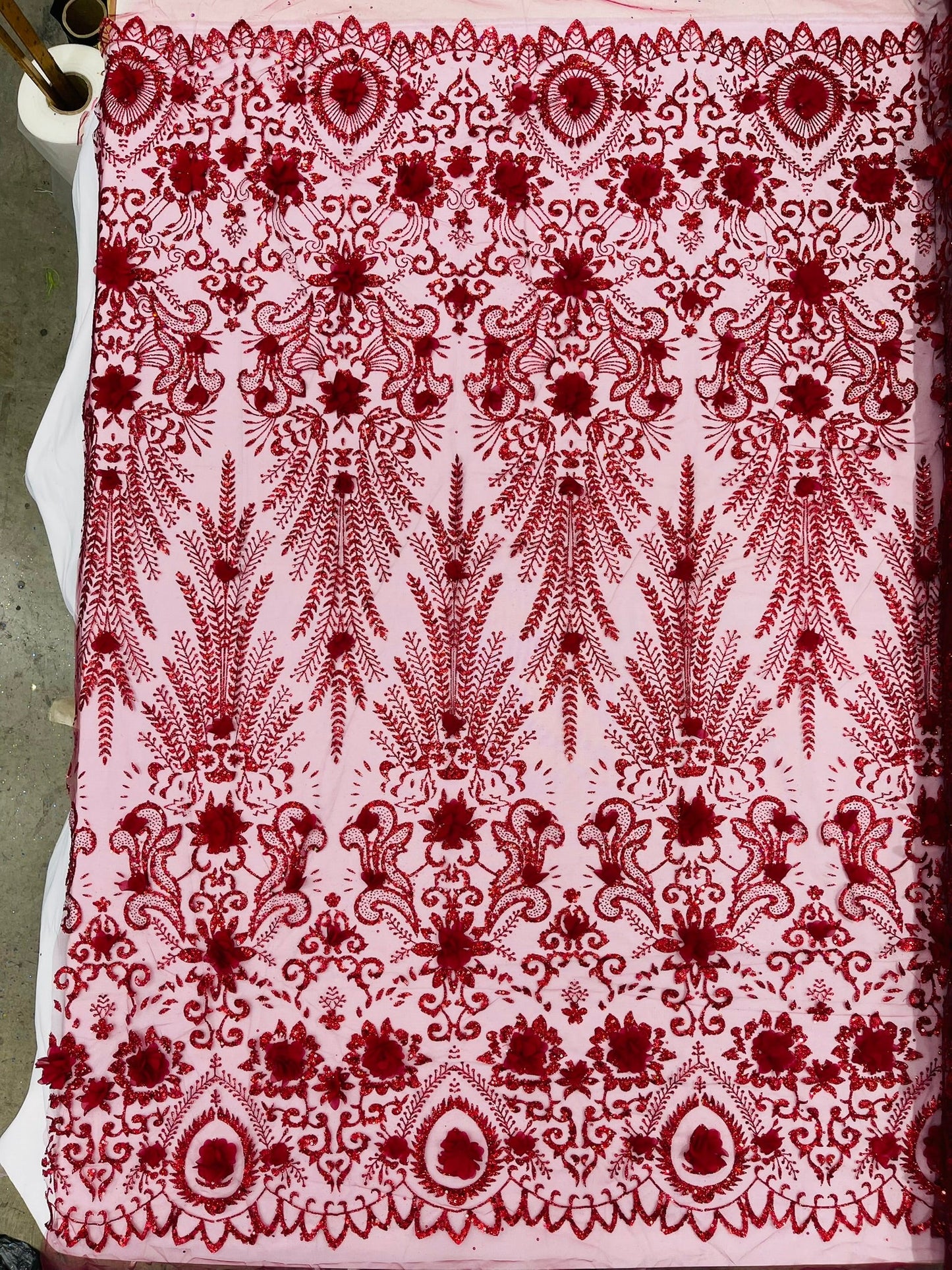 Floral 3D Palm Damask with Glitter in a Mesh Lace| New Creations Fabric & Foam Inc. - New Creations Fabric & Foam Inc