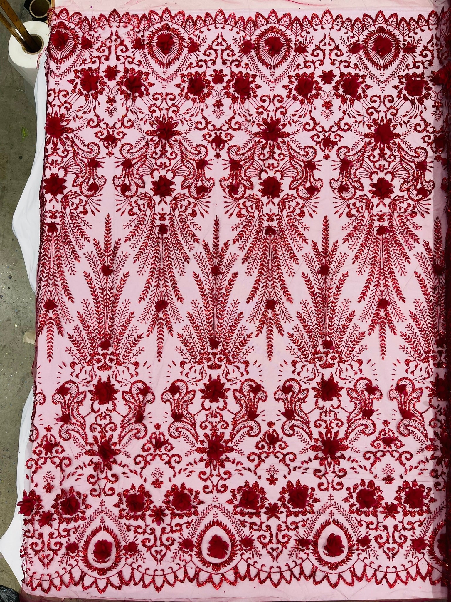 Floral 3D Palm Damask with Glitter in a Mesh Lace| New Creations Fabric & Foam Inc. - New Creations Fabric & Foam Inc