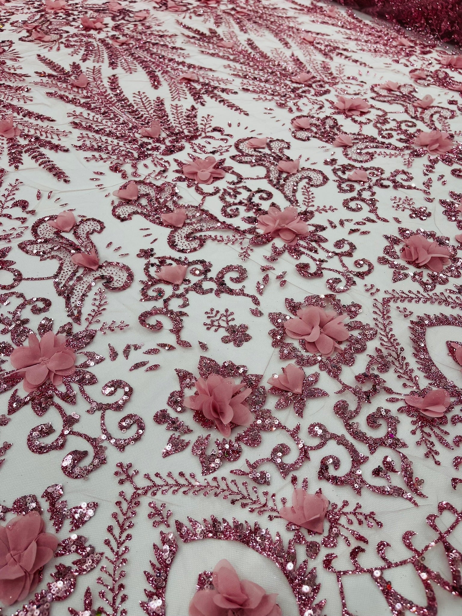 Floral 3D Palm Damask with Glitter in a Mesh Lace| New Creations Fabric & Foam Inc. - New Creations Fabric & Foam Inc