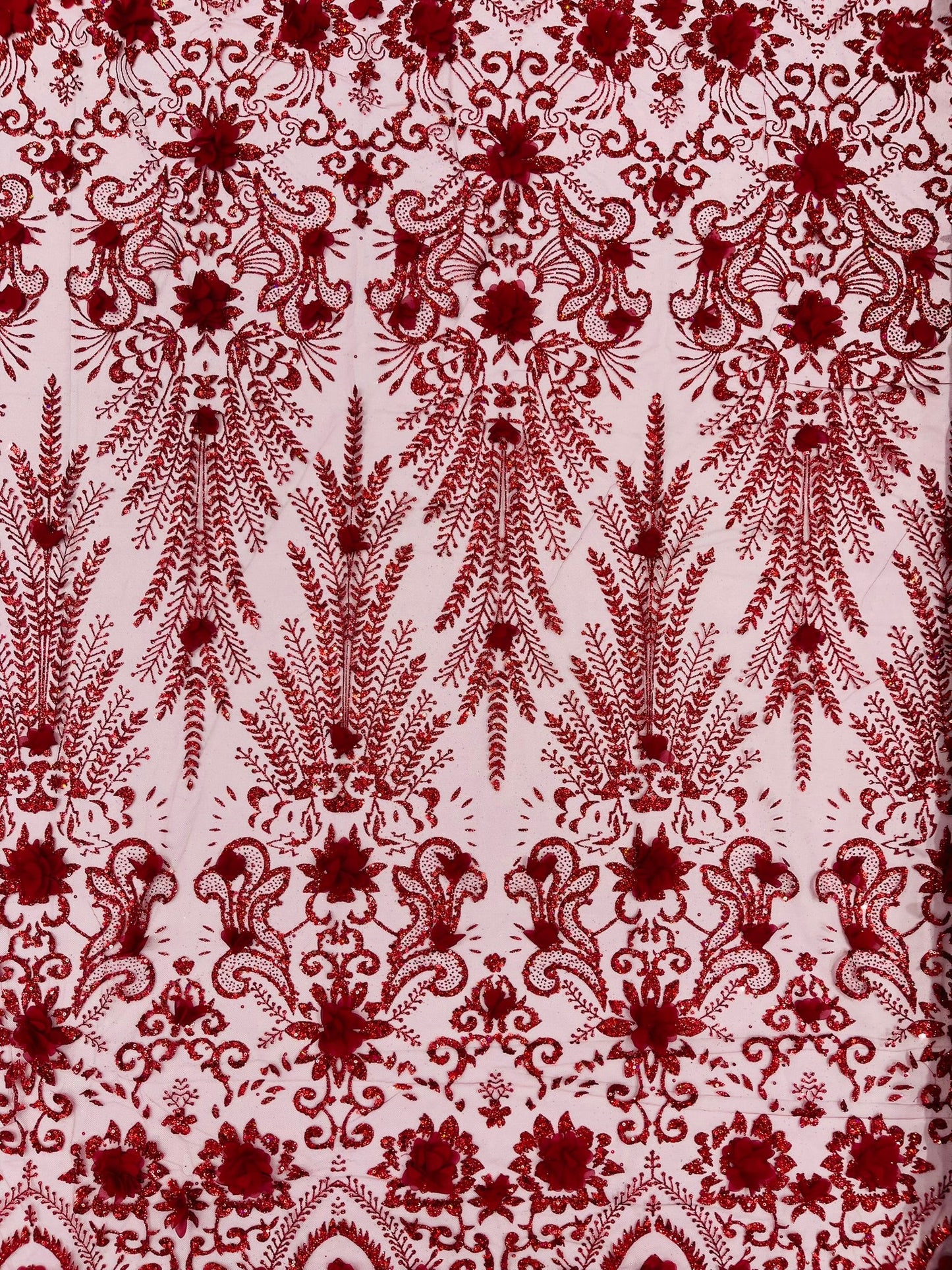 Floral 3D Palm Damask with Glitter in a Mesh Lace| New Creations Fabric & Foam Inc. - New Creations Fabric & Foam Inc